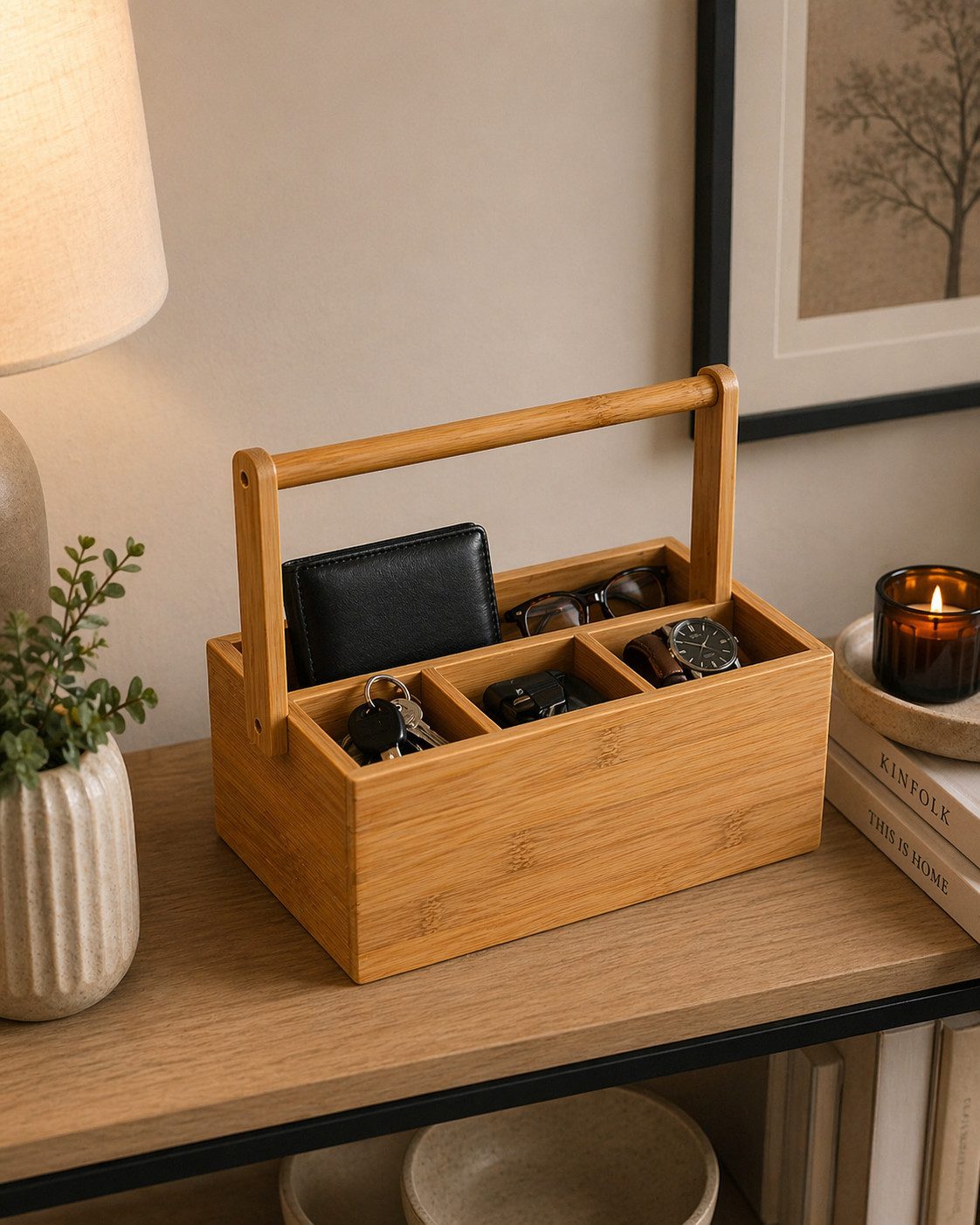 hausleben Organizer Bambus mit Henkel – Aufbewahrungsbox mit für Bad,Küche&Büro (Pachung, 1 St., Tragbarer Ordnungshelfer für Kosmetik&Zubehör), 4 Fächer, 25x12x20 cm