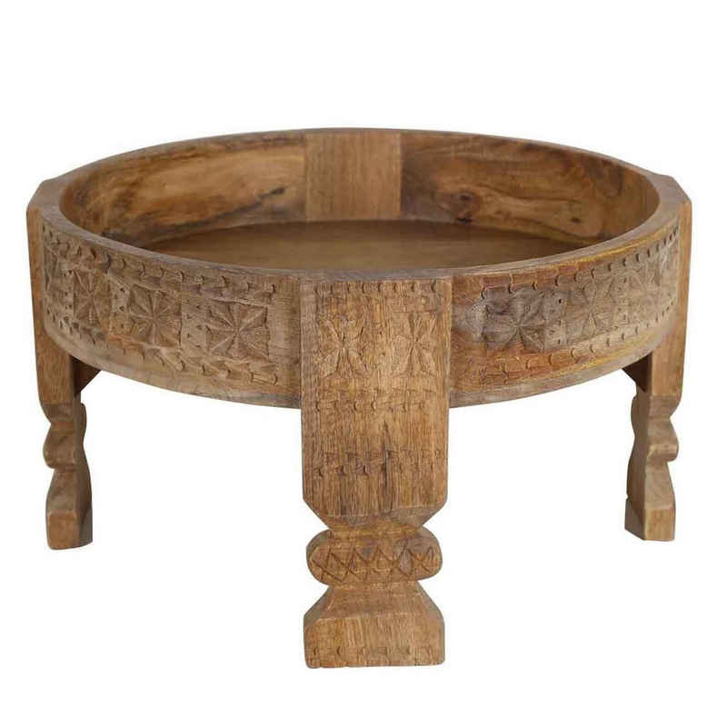 Casa Moro Beistelltisch Orientalischer Beistelltisch Zaman Ø 55cm Massivholz geschnitzt (Chakki Tisch, Shabby Chic Mühlen-Dekor Weiß gekalkt Mühlen-Tisch), Kunsthandwerk
