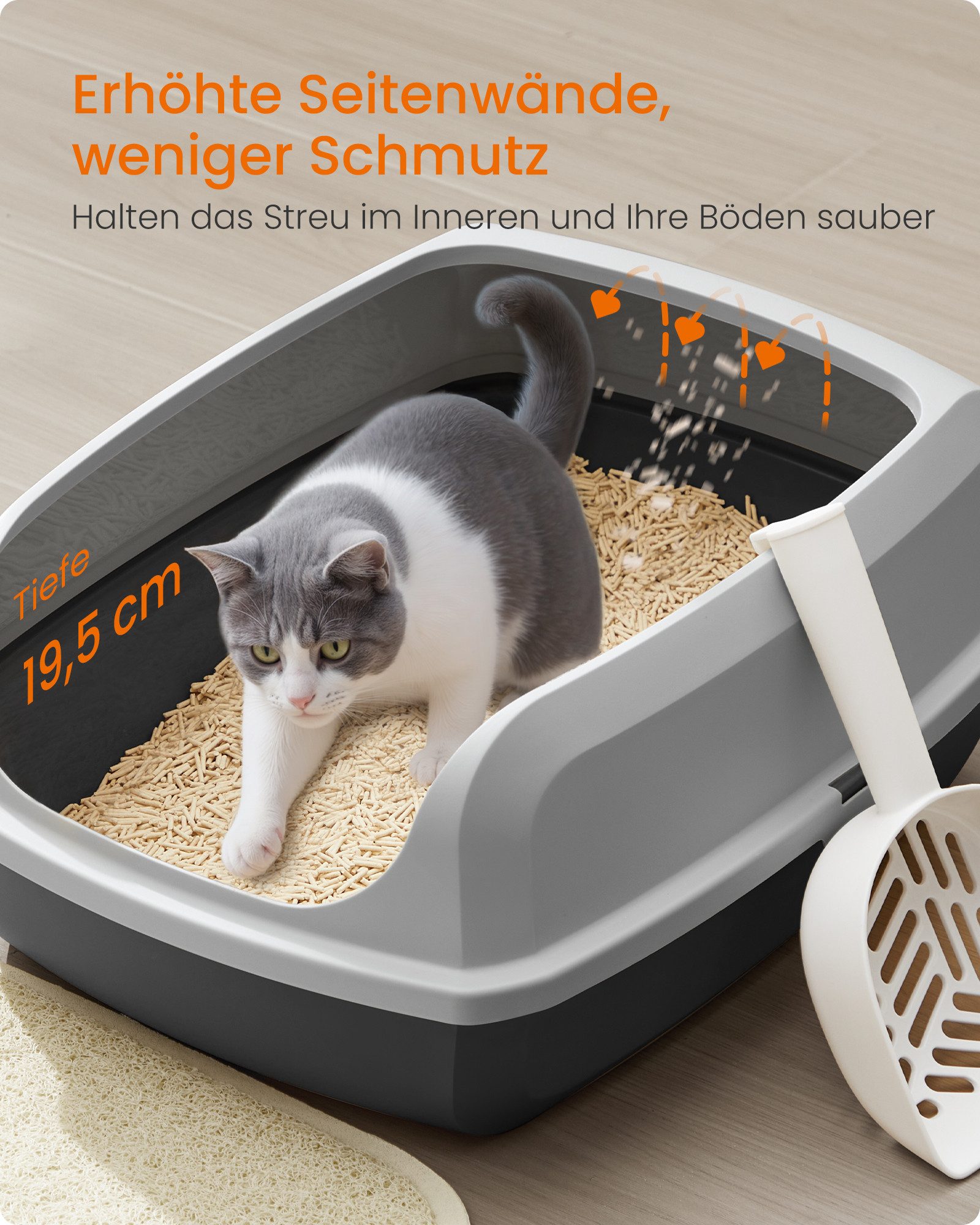 FEANDREA Katzentoilette Katzenklo, offene Katzentoilette, für Kätzchen und große Katzen, mit hohen Seitenwänden, XL, mit Schaufel, 50,5 x 37,5 x 19,5 cm
