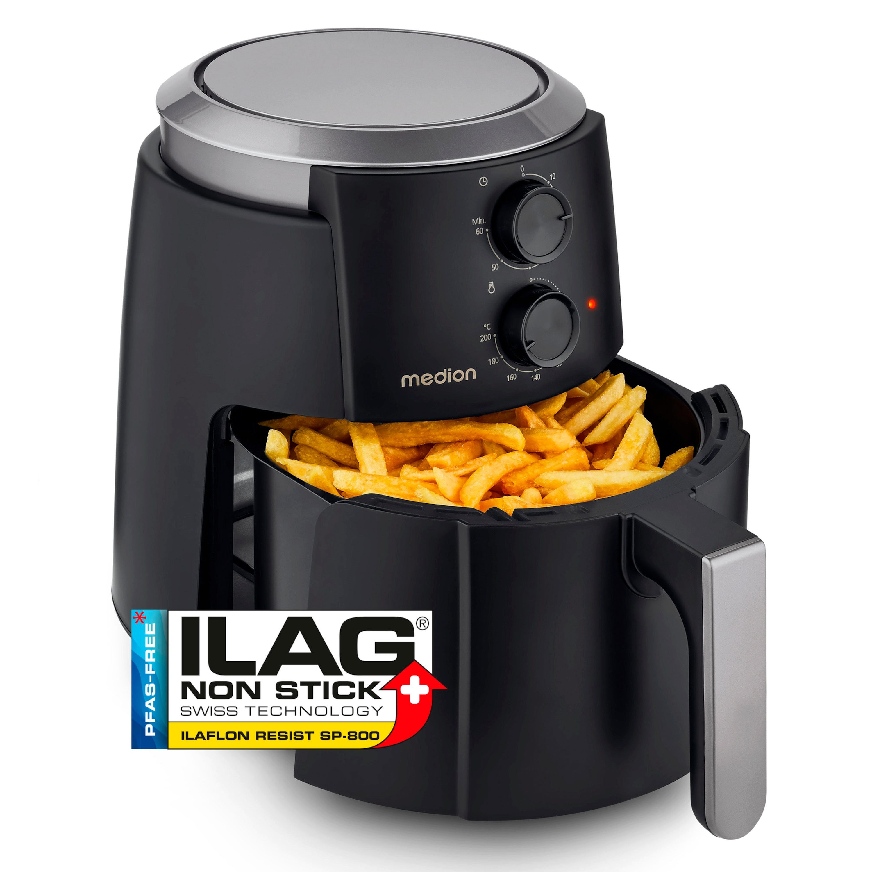 Medion® Heißluftfritteuse MD13020, 1500 W, 4,7 Liter, 1500 Watt, 60 Min Timer, Antihaft-Beschichtung, schwarz