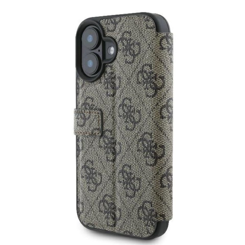 Guess Handyhülle Bookcase iPhone 16 Plus braun Logo goldfarben aufstellbar 6,7 Zoll, Kantenschutz
