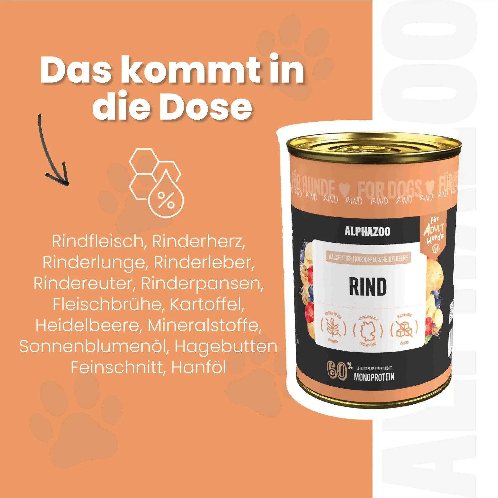 ALPHAZOO Monoprotein Rind Nassfutter für Hunde 12x400g Rind, Nassfutter