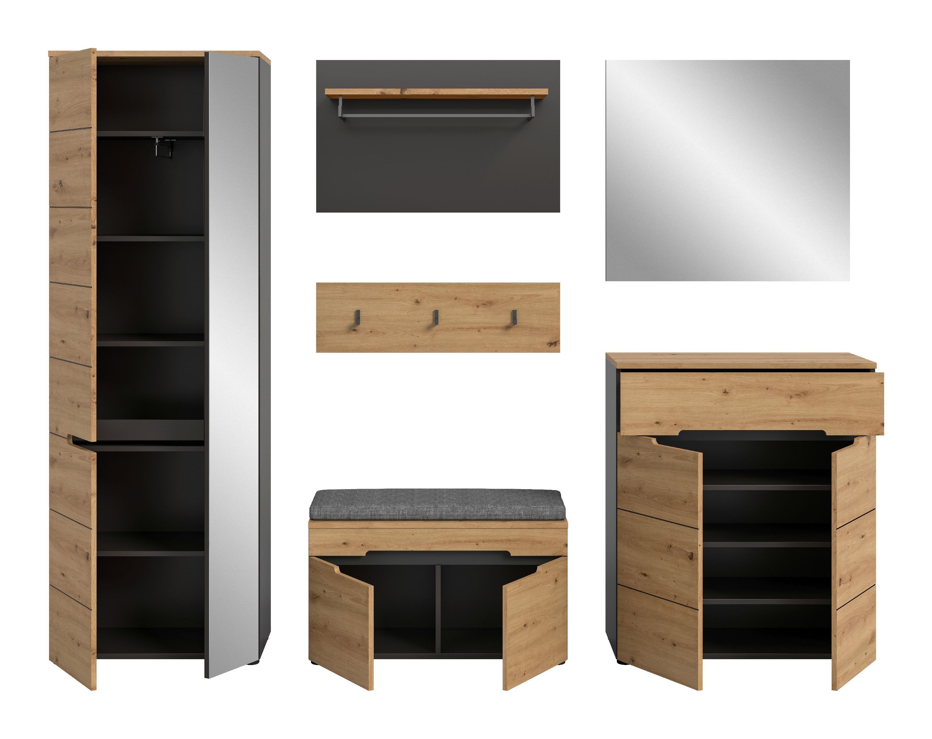 xonox.home Garderoben-Set Canu, (6tlg. Set inkl. Garderobenschrank, Sitzbank, Paneel, Schuhkommode), Basalt grau Nachbildung Melamin beschichtet modern 255x190x37 cm