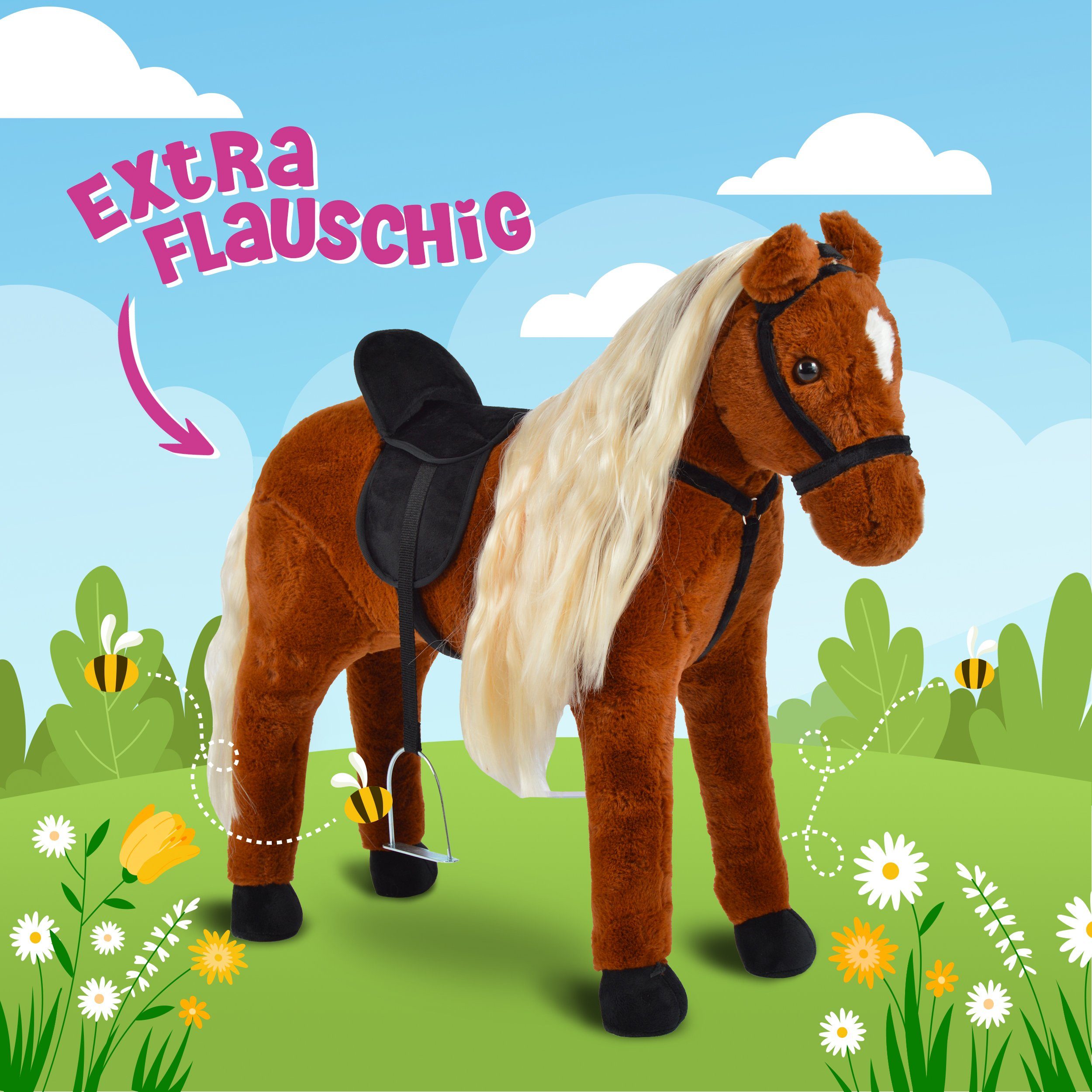 Pink Papaya Stehpferd Spielpferd zum Reiten für Kinder 65 / 75 cm Plüschpferd, Kuscheliges Stehpferd für Kinder, handgefertigt