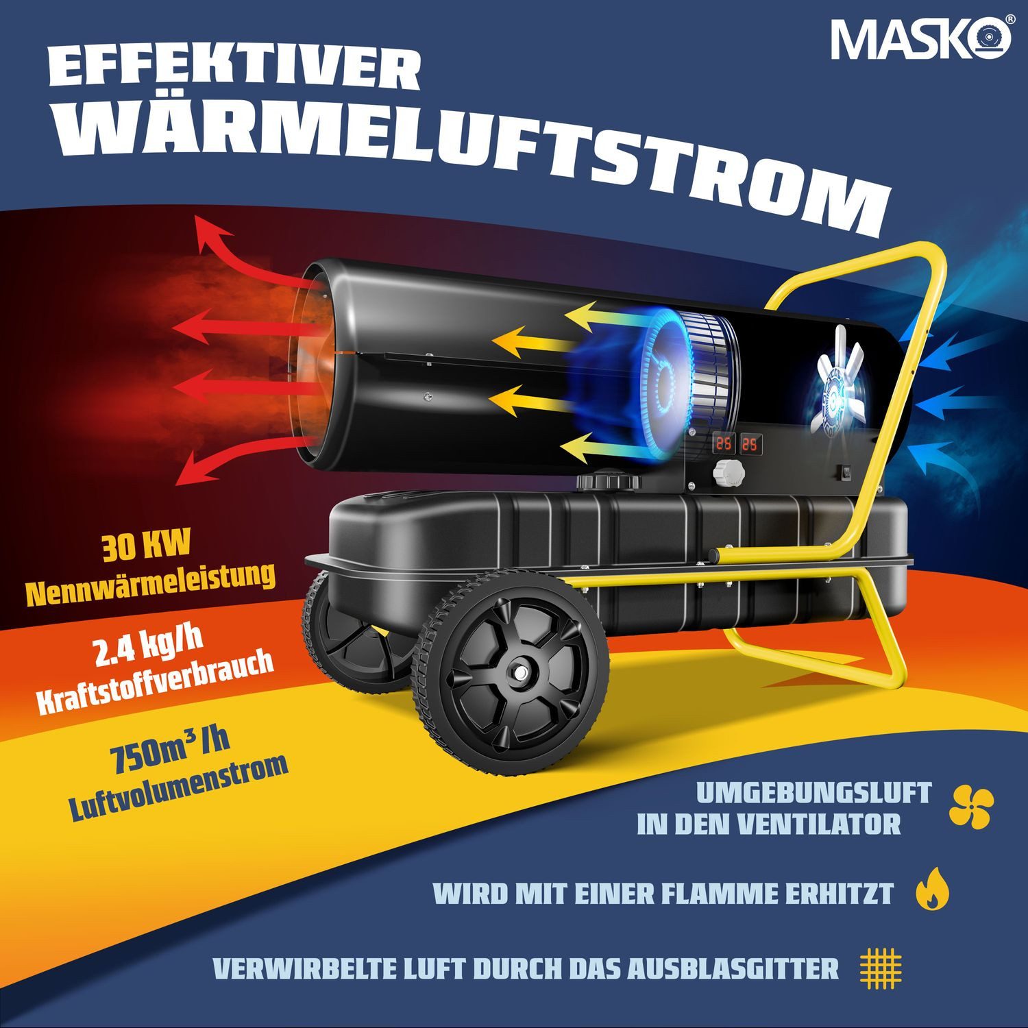 MASKO heater, 30000 W, 30kW diesel heater, construction dryer, construction heater, hot air generator