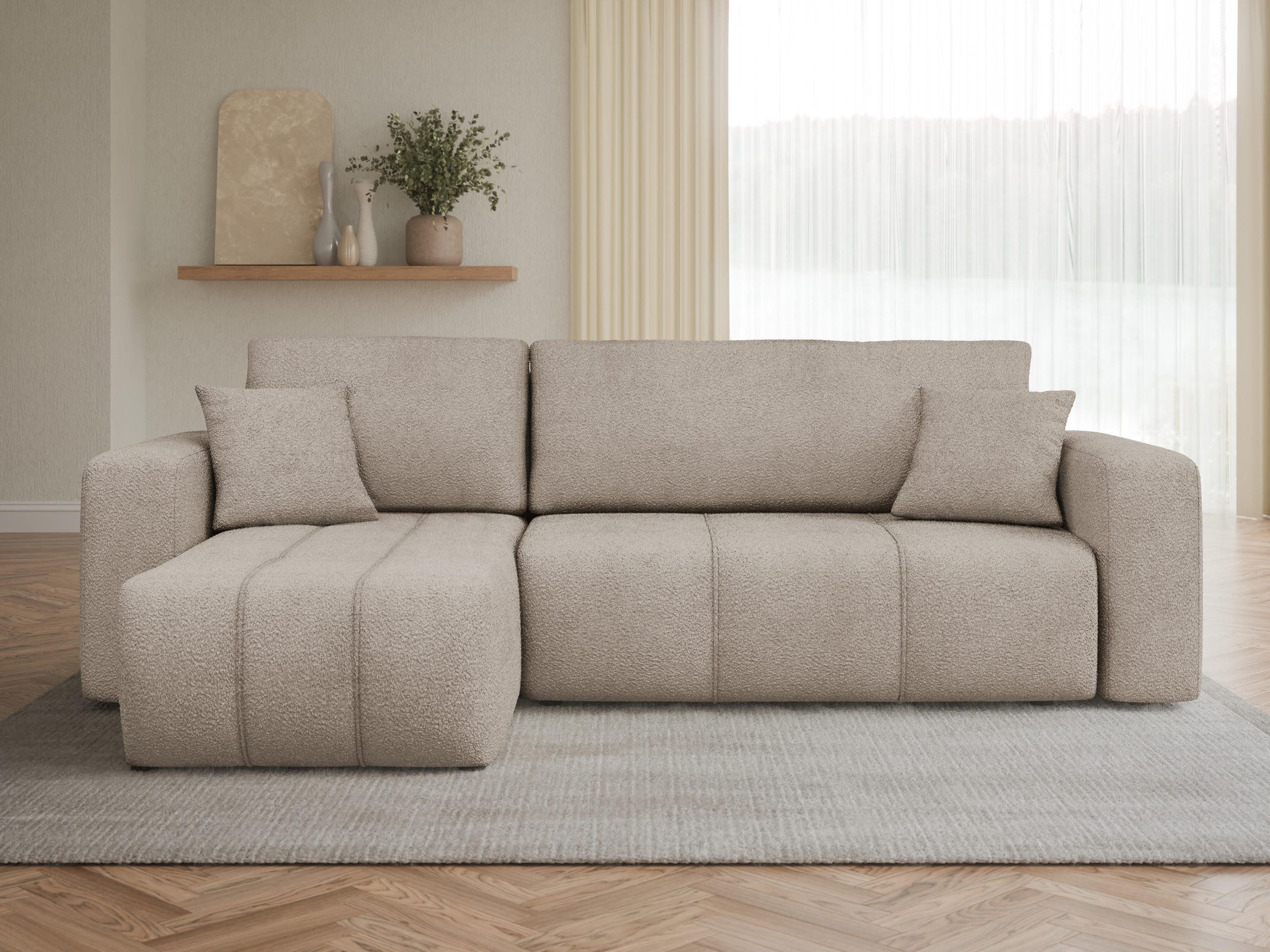 MIRJAN24 Ecksofa Fetrinu Boucle, mit Schlaffunktion und Bettkasten, Rückenlehne in Form beweglicher Kissen
