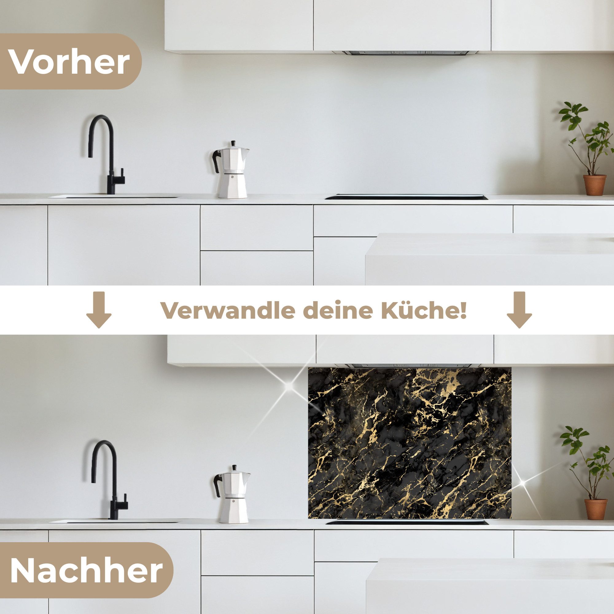 KitchenYeah Küchenrückwand selbstklebend Marmor - Schwarz - Goldstruktur, (1-tlg), Spritzschutz, Küche, Rückwand, Küchenwand, Küchenfront, 80x60 cm