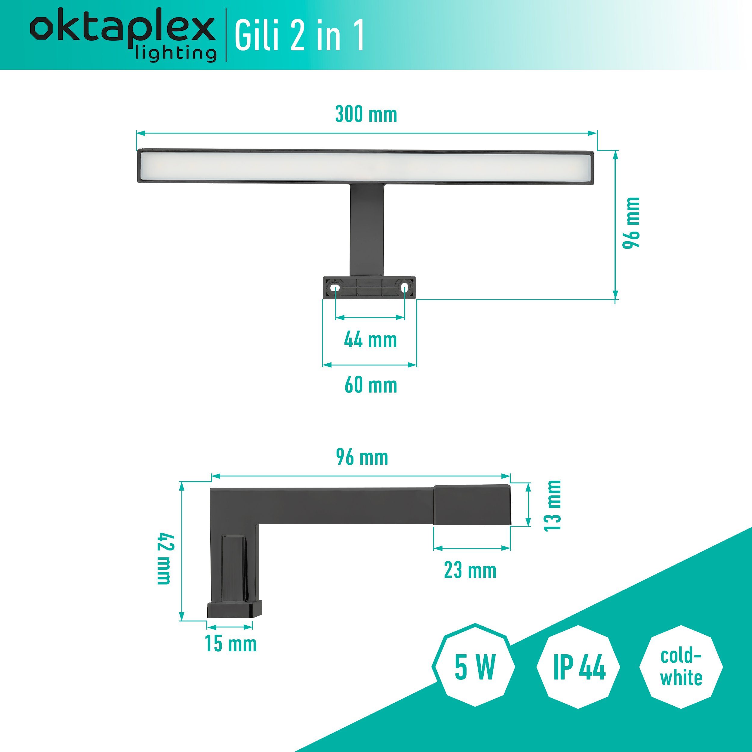 Spiegelleuchte schwarz 350lm, Oktaplex 2 LED tageslichtweiß LED in fest & Klemm- Gili Spiegellampe LED lighting 1 6500K verbaut, Aufbauleuchte, 5W kaltweiß,