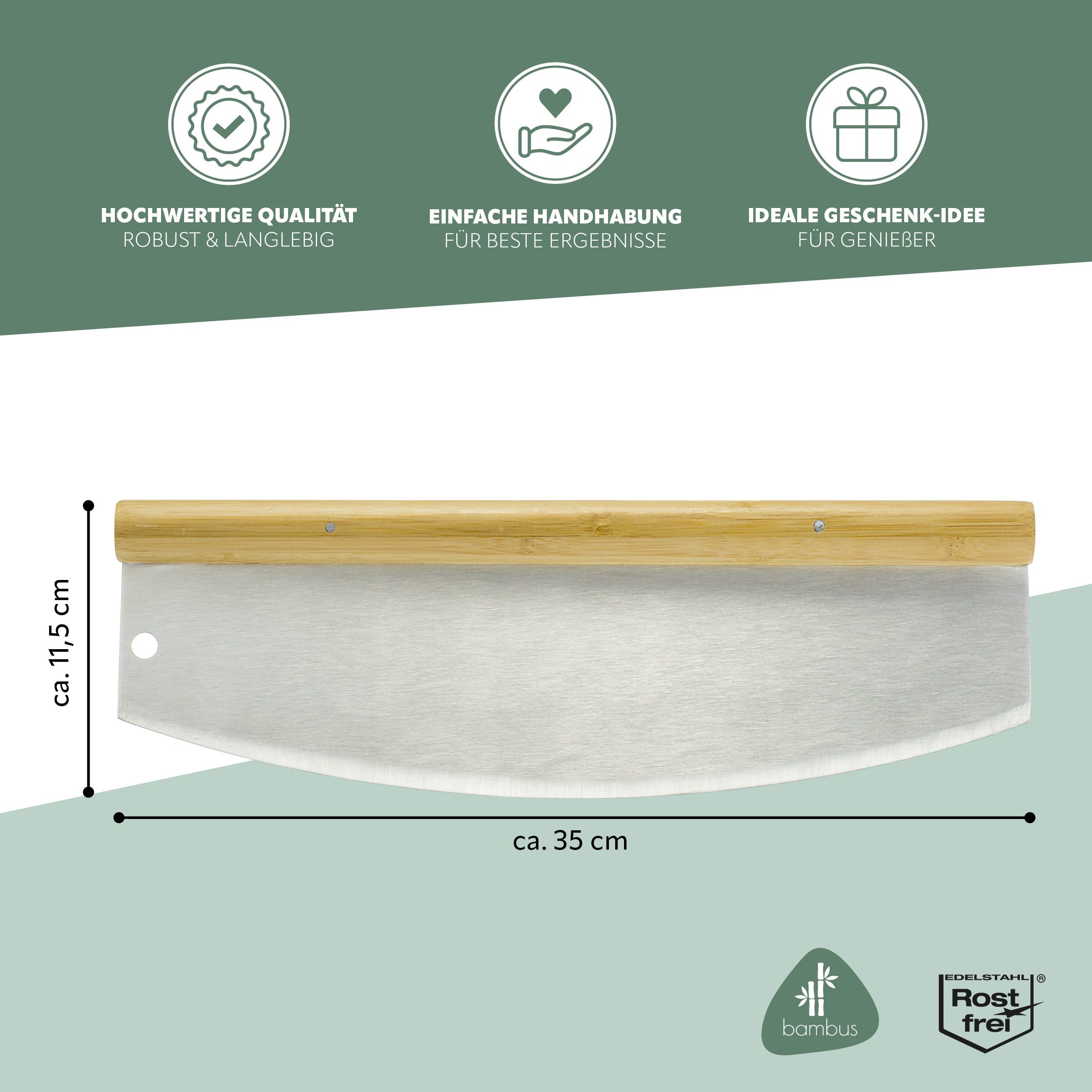 bremermann Pizzaschneider Pizzaschneider, Wiegemesser mit Holzgriff, Pizzamesser, inkl. Loch zum Aufhängen