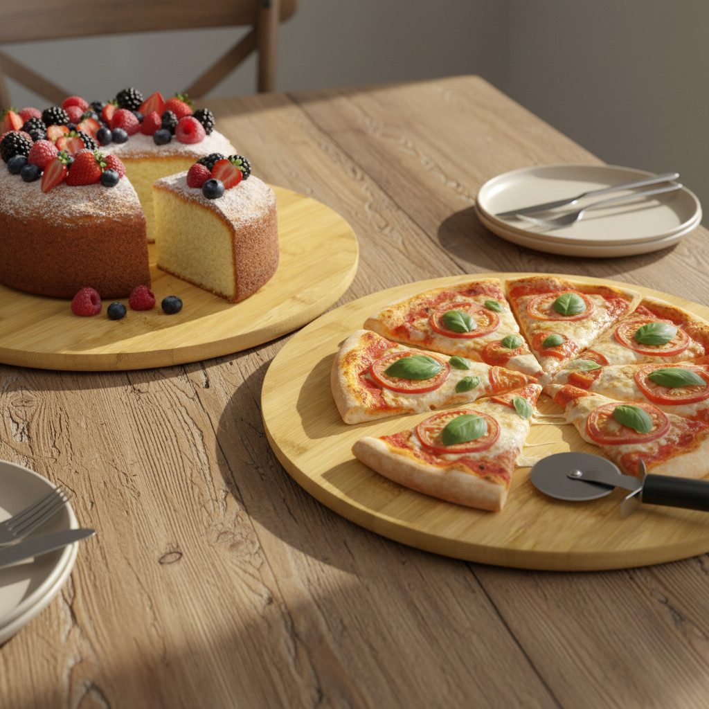 hausleben Pizzaschneidebrett Pizzabrett - Rundes Schneidebrett mit Griff und Schneiderillen, Bambus Kuchenplatte, (Holz Pizzateller für Flammkuchen, 2-St., 2 Se – Bild 4 von 4