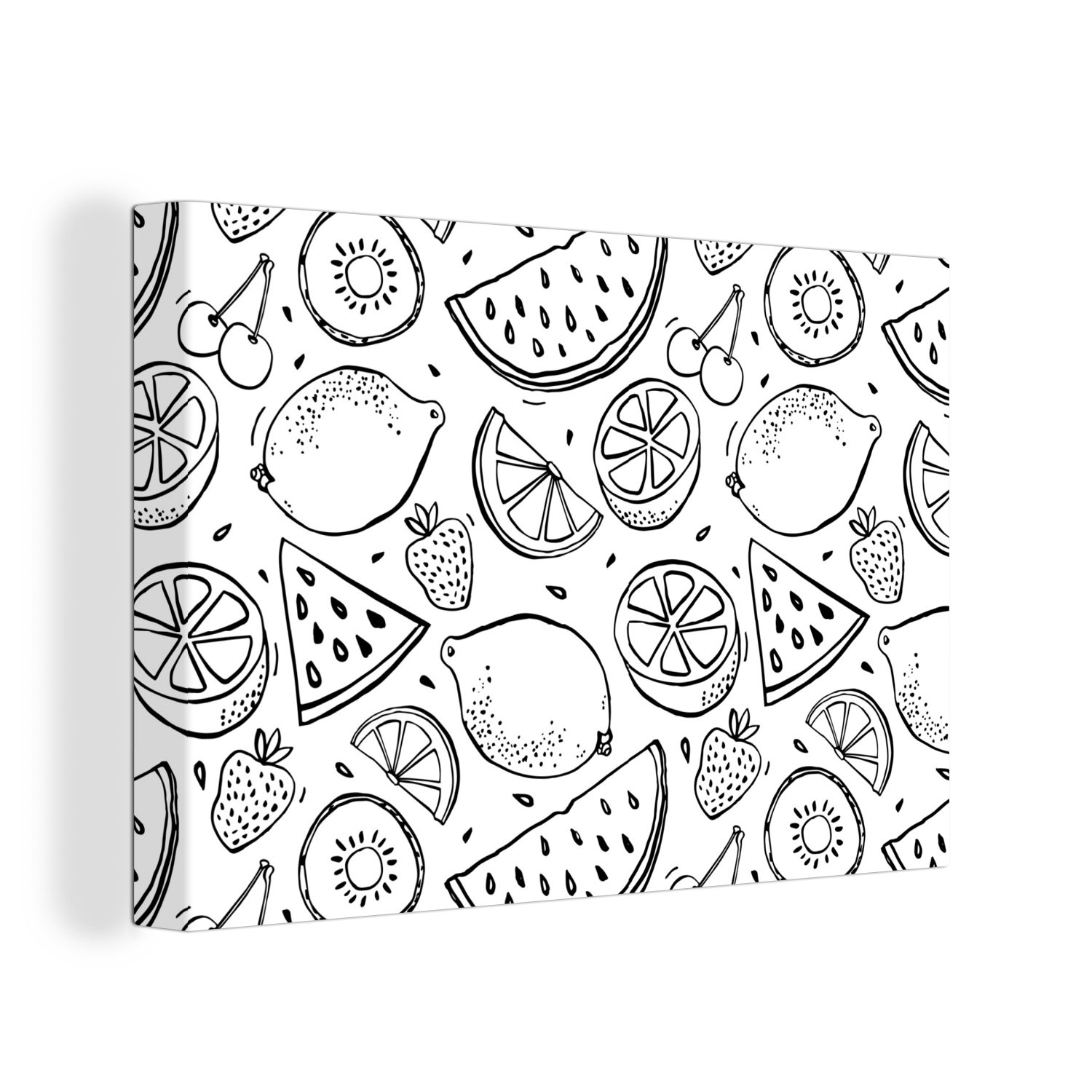 OneMillionCanvasses® Leinwandbild Erdbeere (1 Wanddeko, cm - Leinwandbilder, - Muster Weiß, - Schwarz - Wandbild Kiwi St), 30x20 Aufhängefertig
