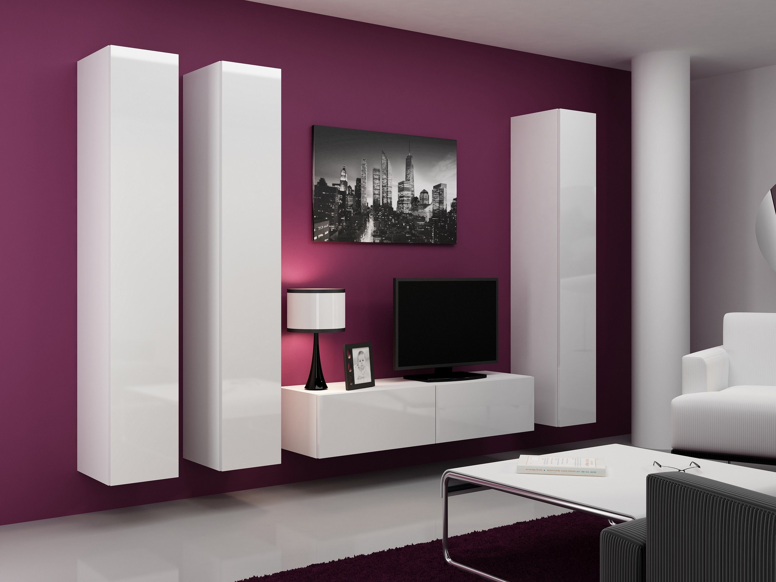 Stylefy Wohnwand Vago XIV, (Set (4-St), Wohnmöbel, Wohnzimmer-Set), bestehend aus 1xLowboard und 3xHängeschrank, Hochglanzfronten, mit Push-to-Open, Modern Design Weiß/Weiß Hochglanz