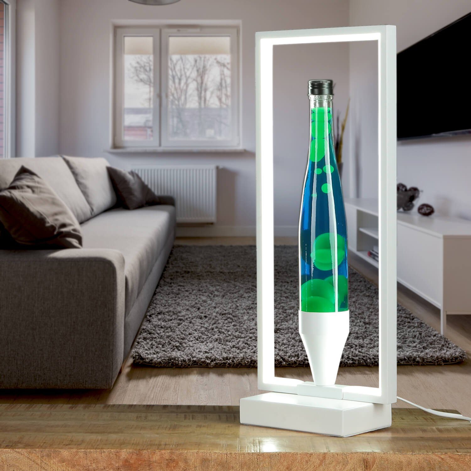 Licht-Erlebnisse Lavalampe OLI, LED fest integriert, Design Tischlampe mit  LED Rahmen Blau Grün Weiß Tischleuchte