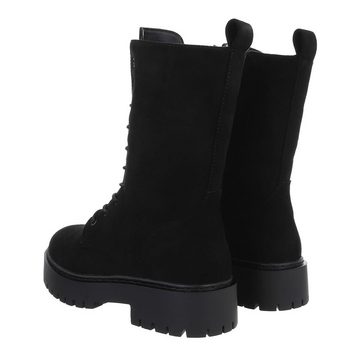 Ital-Design Damen Schnürschuhe Freizeit Schnürstiefelette Blockabsatz Plateaustiefeletten in Schwarz