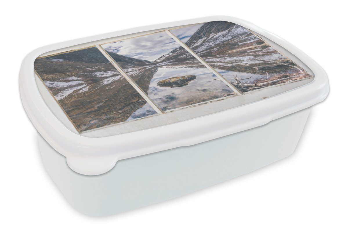 MuchoWow Lunchbox Aussicht - Berg - Wasser, Kunststoff, (2-tlg), Brotbox für Kinder und Erwachsene, Brotdose, für Jungs und Mädchen weiß