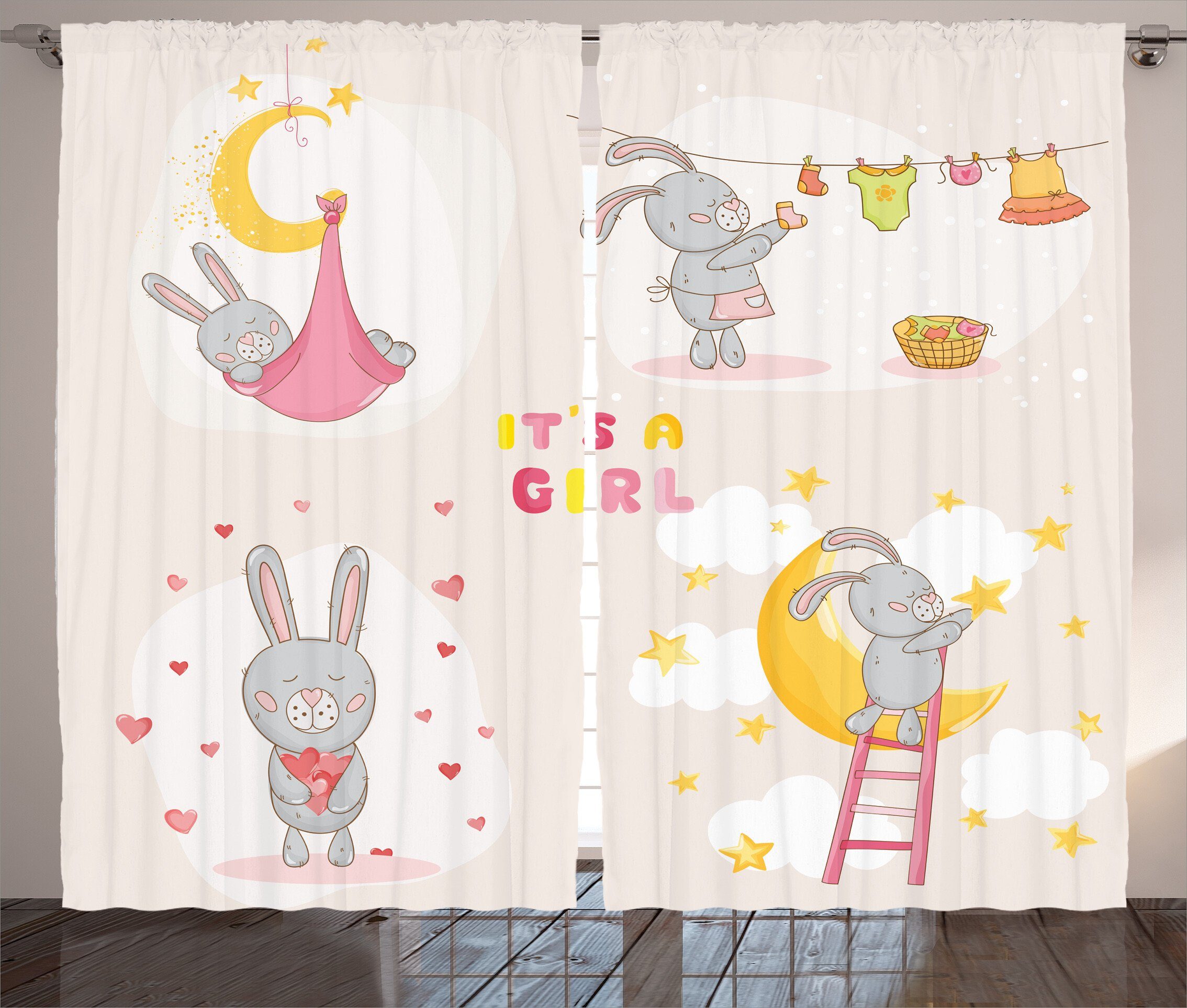 Gardine Schlafzimmer Kräuselband Vorhang mit Schlaufen und Haken, Abakuhaus, Feminin Häschen Baby Love Mond