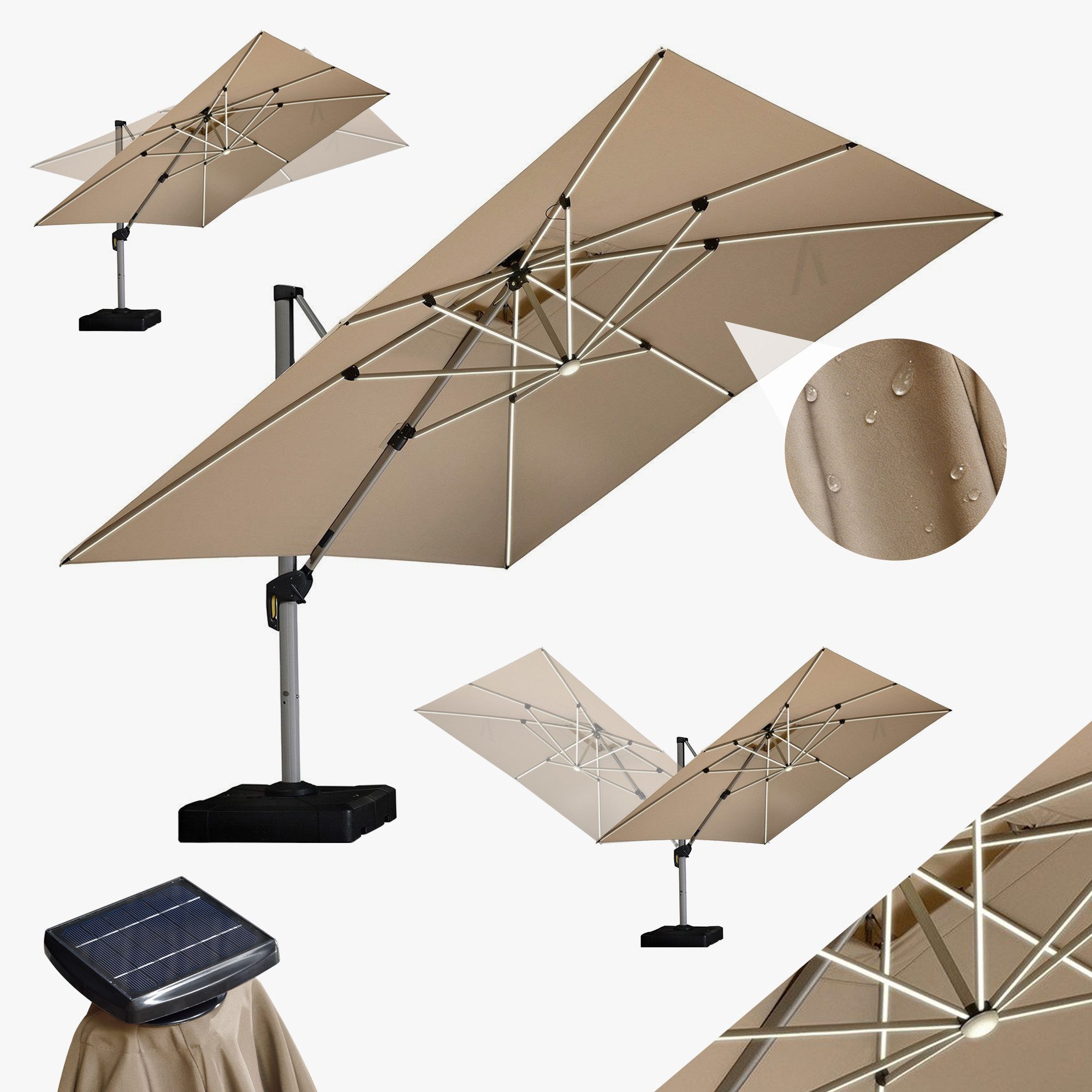 PURPLE LEAF Sonnenschirm Rechteckig Außenbereich Alu Ampelschirm, Gartenschirm mit Solar LED, LxB: 365,00x270,00 cm, windstabil,für Garten,Terrasse, Pool