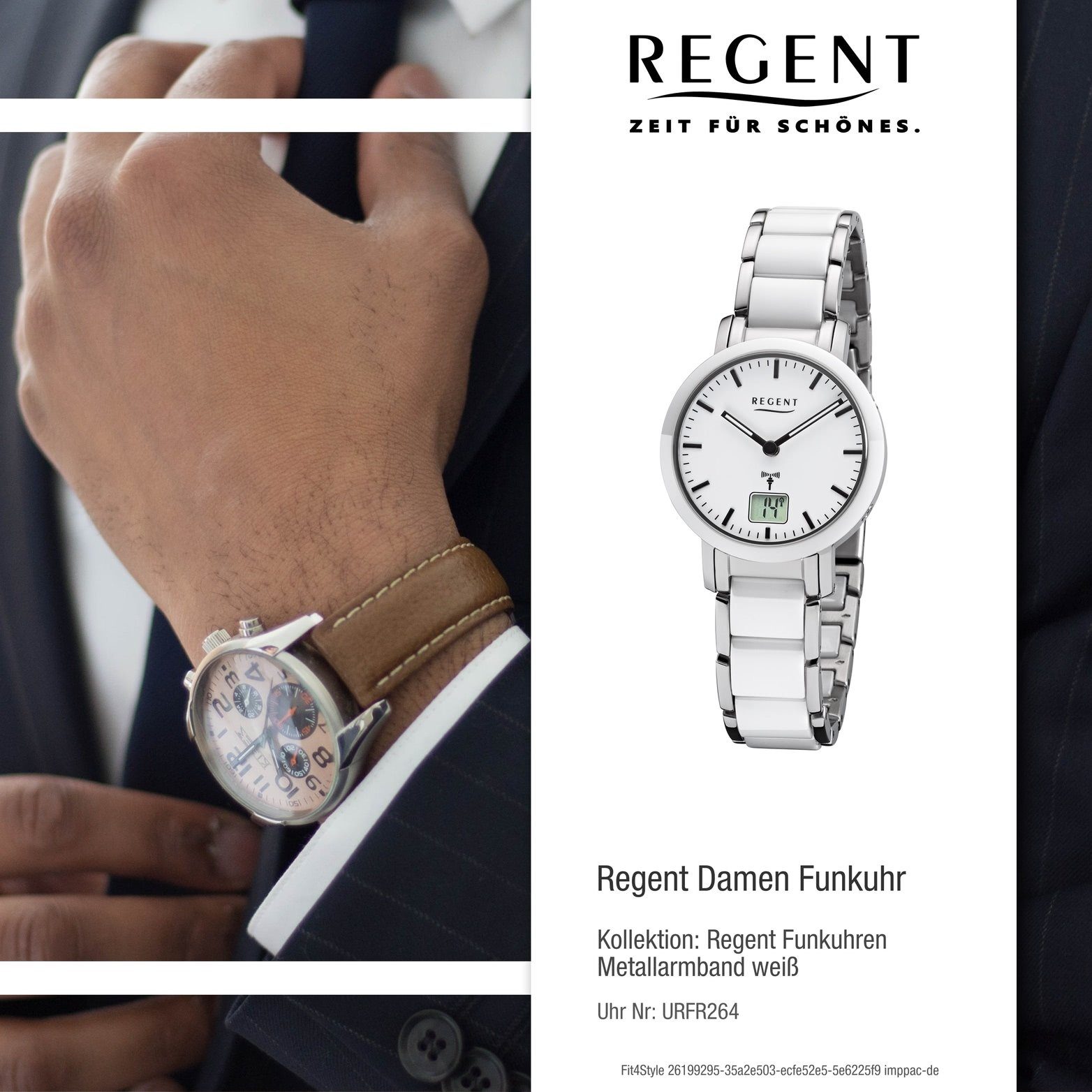 Regent Funkuhr Regent Metallarmband FR-264, Gehäuse, rundes (ca. klein 30mm) silber, Damen Uhr Damenuhr weiß, Metall