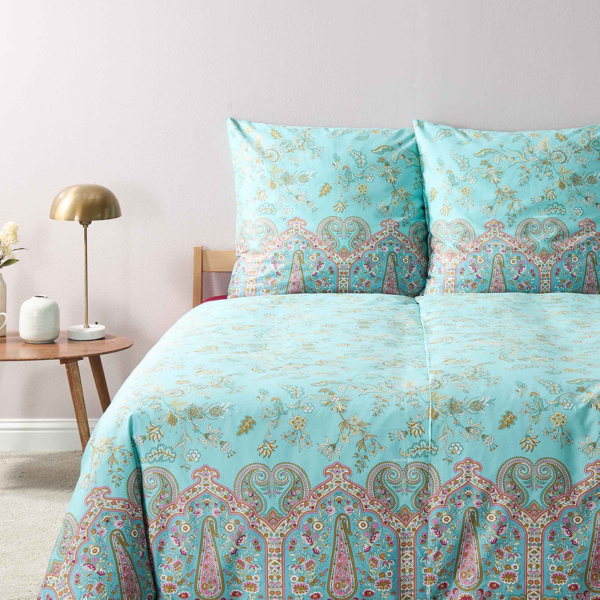 Bassetti Bettwäsche Bettwäsche Bassetti Mako Satin Indian Roses T1 türkis 135x200, Mako Satin, 2 teilig, 100% Baumwolle (Premium Mako Satin)