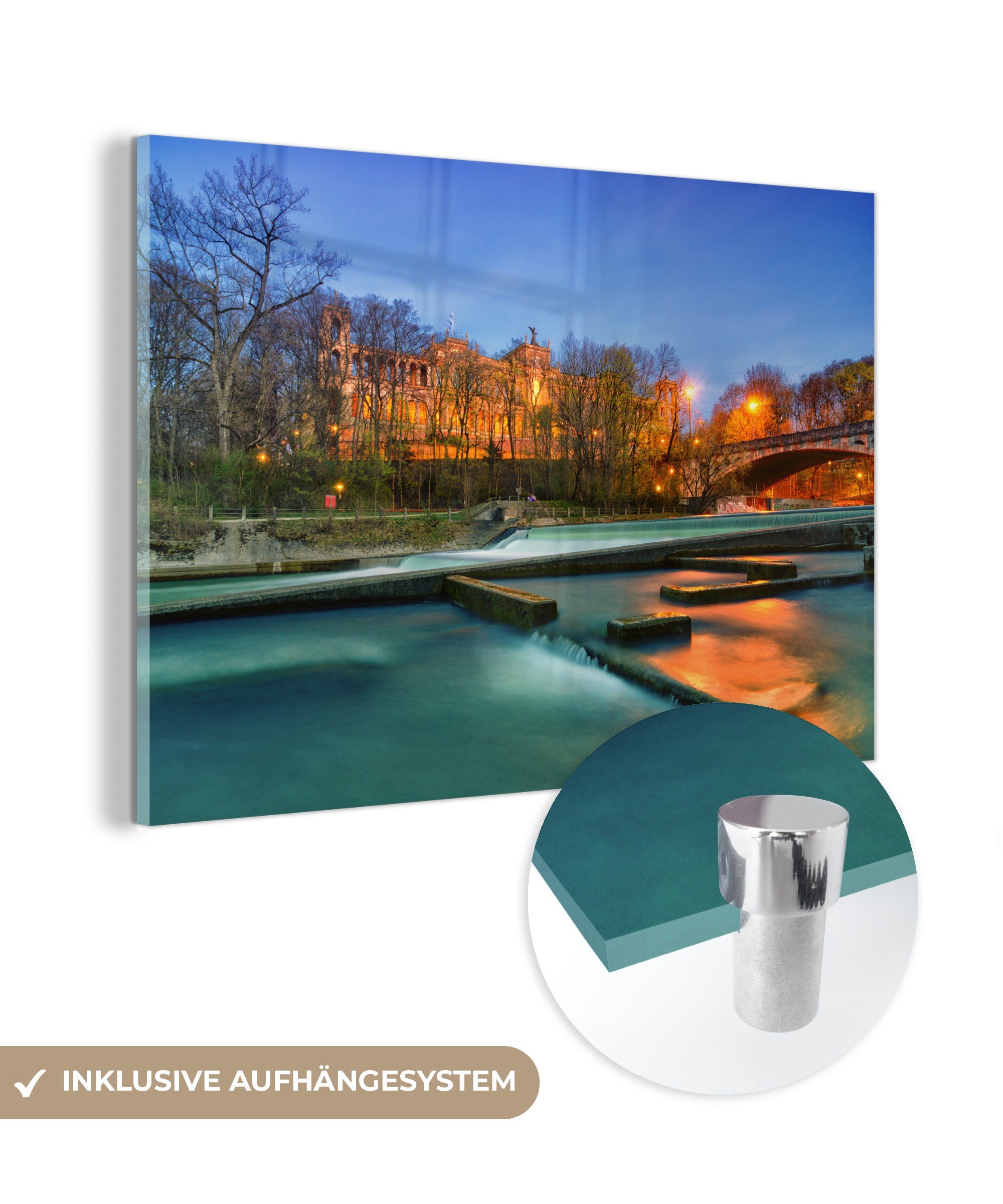 MuchoWow Acrylglasbild Architektur - Wasser - Nacht - München, (1 St), Acrylglasbilder Wohnzimmer & Schlafzimmer