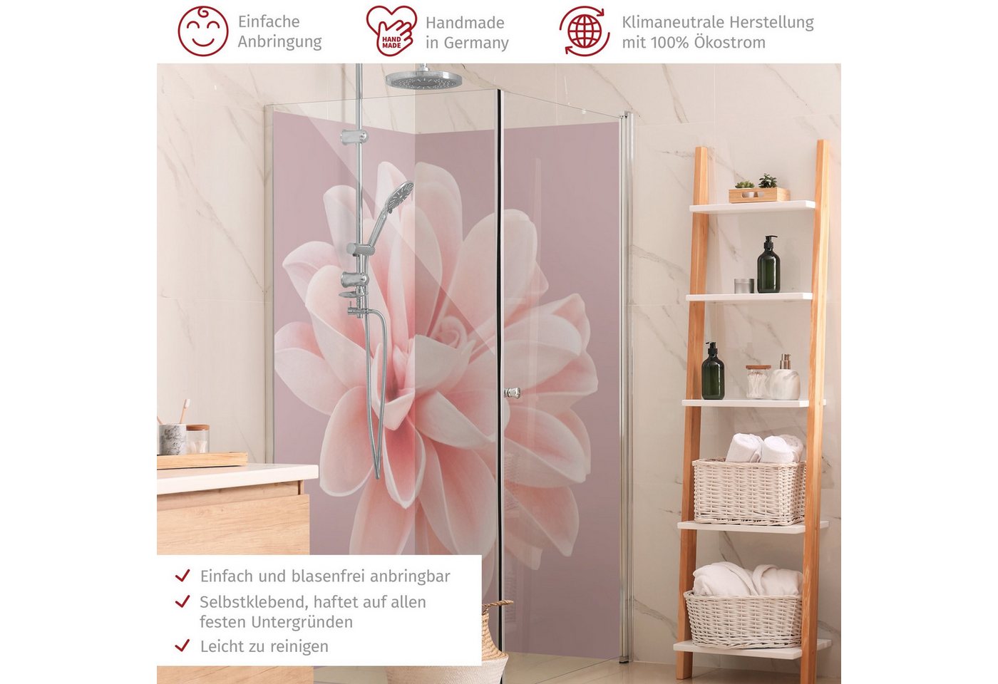 Thumbnail - Bilderdepot24 Badrückwand Blumen rosa Duschrückwand ohne Bohren Dusche Fliesenersatz, (2-tlg., Hart-Folie Smart matt 0,3...