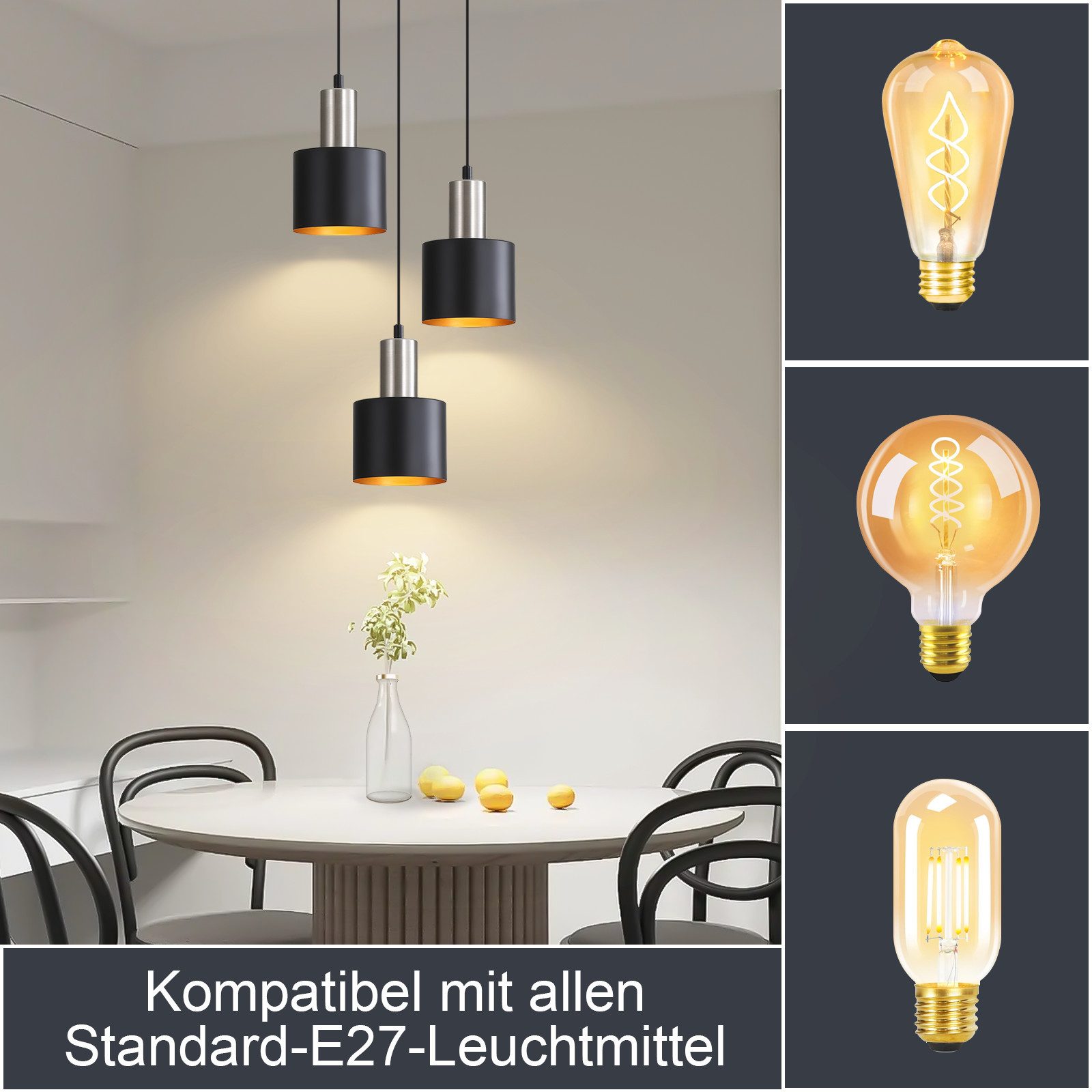 Nettlife Hängeleuchte Schwarz Vintage 1/2/3 Flammig Esstisch E27 Pendelleuchte, Höhenverstellbar, LED wechselbar, Metall Pendelleuchte Essbereich Hängelampe – Bild 2 von 5