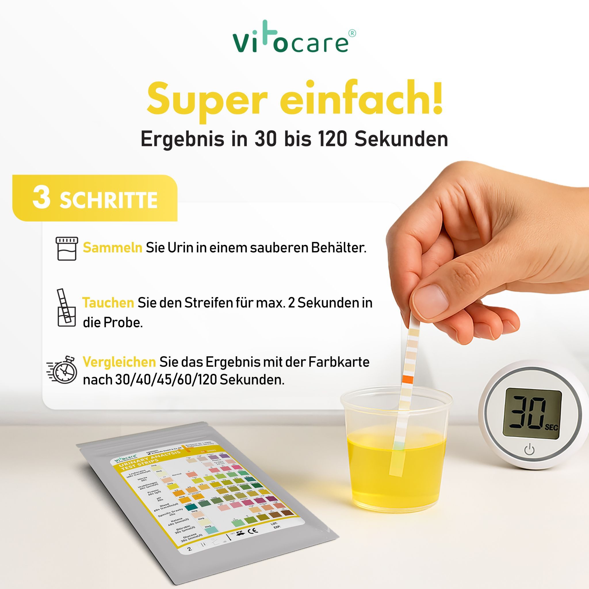 Vitocare Harnsäure-Messgerät Vitocare Urinteststreifen 10in1, Urintest f. Zuhause, 25/125 Stk.