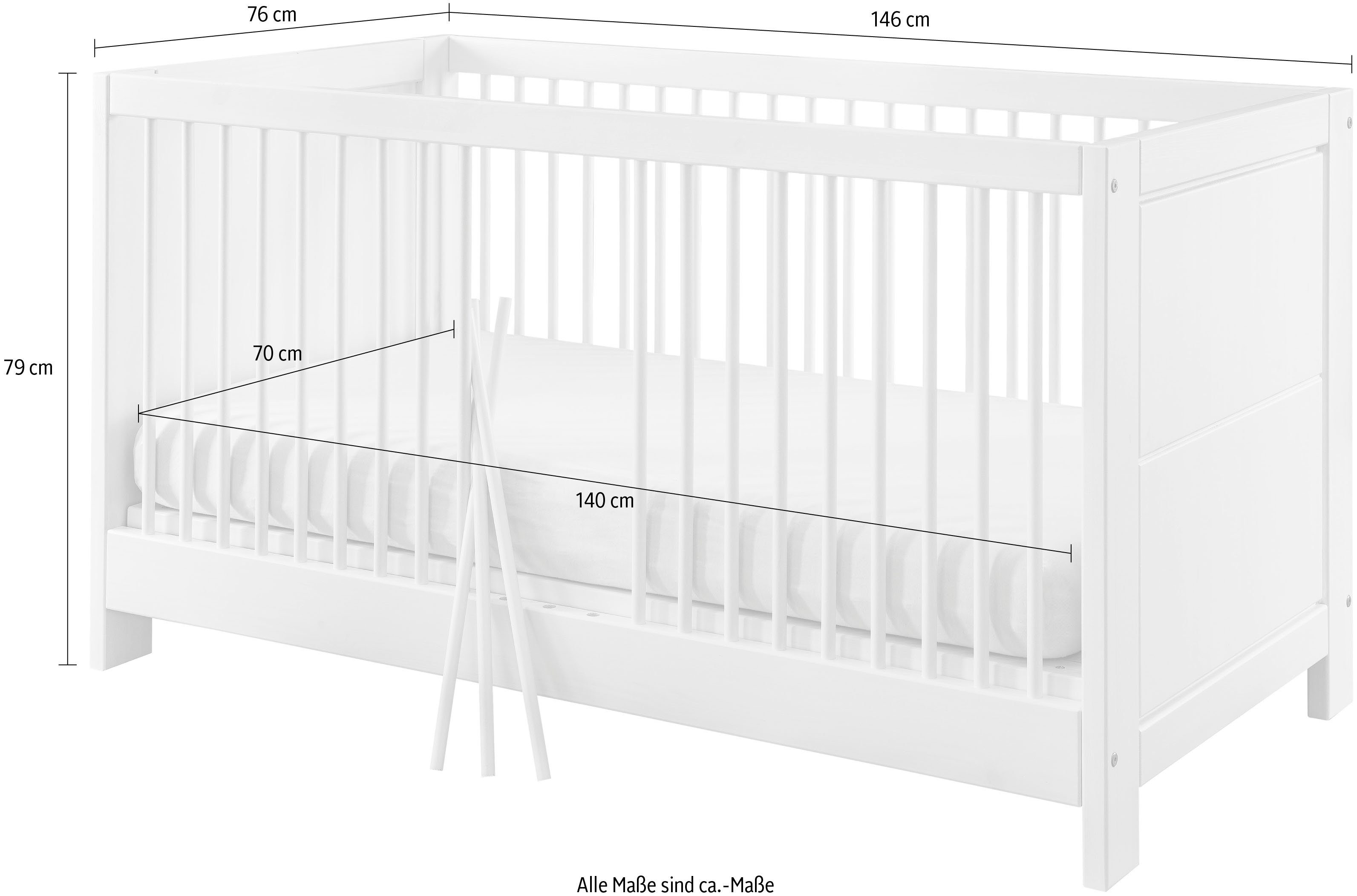 Lüttenhütt Babybett 70x140 Schlupfsprossen Lüttenhütt weiß mit Kinderbett höhenverstellbar Vita, Lattenrost + cm