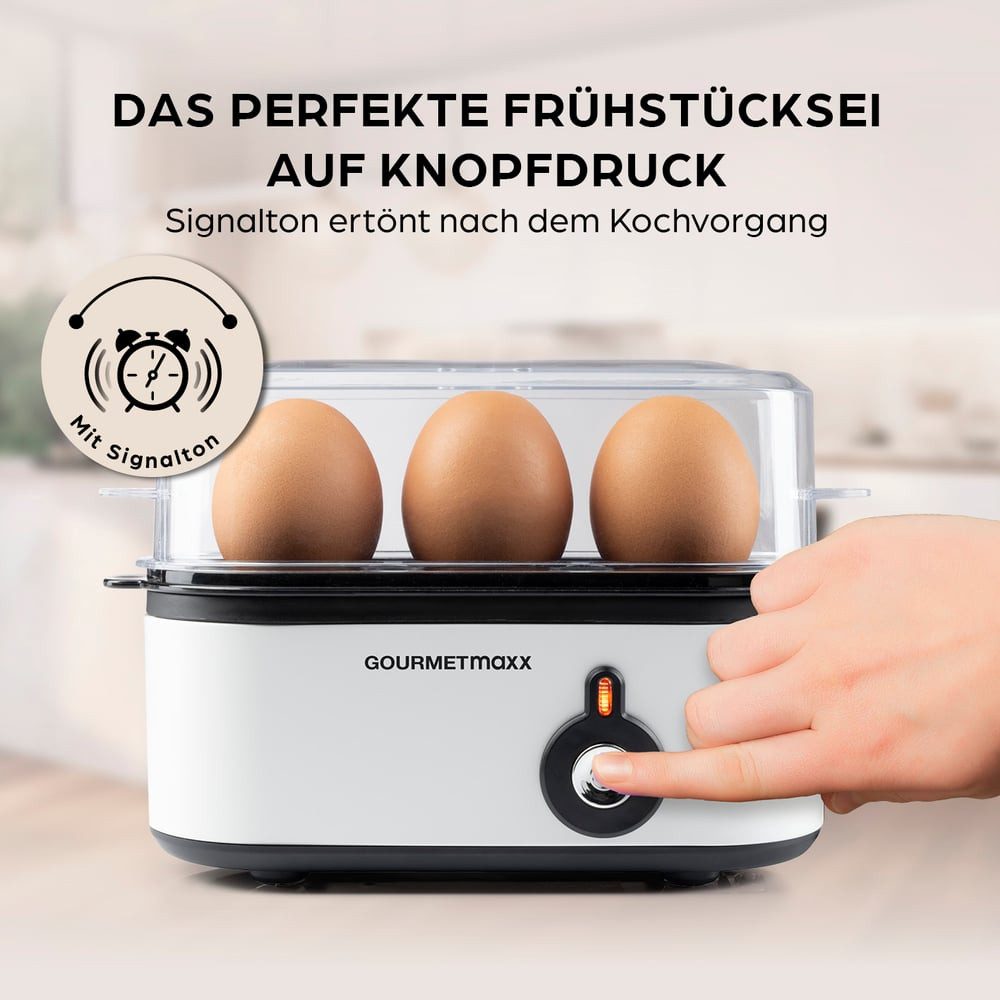 GOURMETmaxx Eierkocher für 3 Eier 210W weiß, 210 W, mit Messbecher & Eierstecher - kompakt