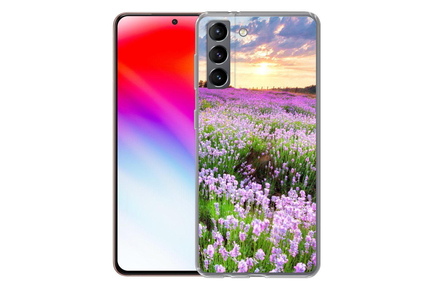MuchoWow Handyhülle für Samsung Galaxy S21 Blumen - Lavendel - Lila - Himmel - Sonnenunter, Phone Case, Silikon, Schutzhülle Dünn