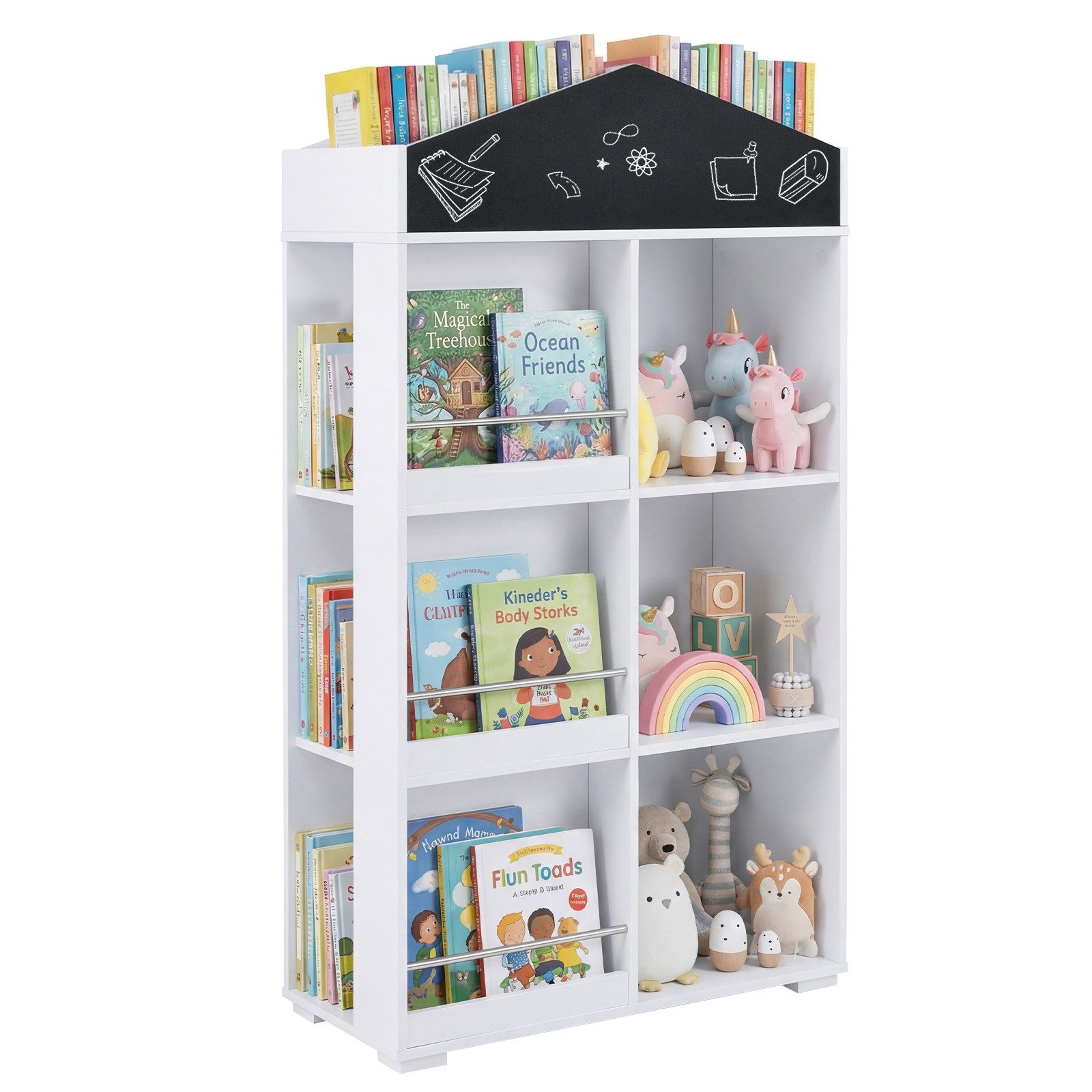 COSTWAY Kinderregal, Bücherregal Kinder in Hausform, mit 13 Fächern, Tafel