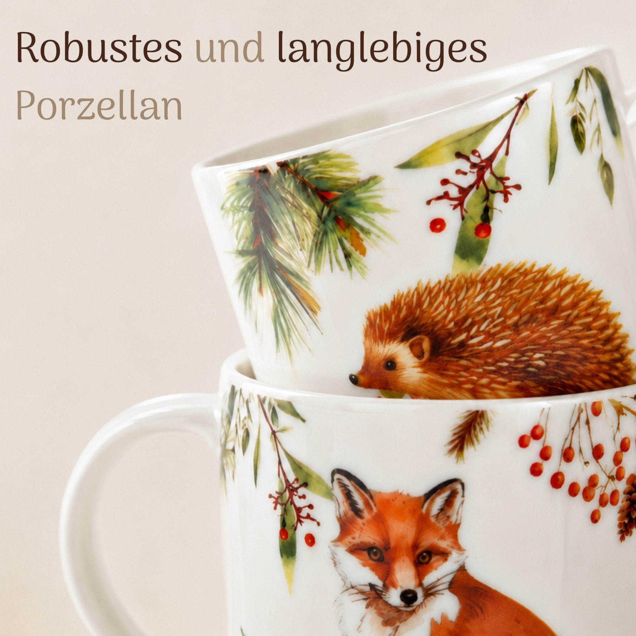 matches21 HOME & HOBBY Tasse Herbst Tassen 6er Set Fuchs & Igel, 350 ml Kaffeetasse aus Porzellan, 6-tlg., Porzellan, Spülmaschinenfeste & Mikrowellengeeignete  – Bild 4 von 5
