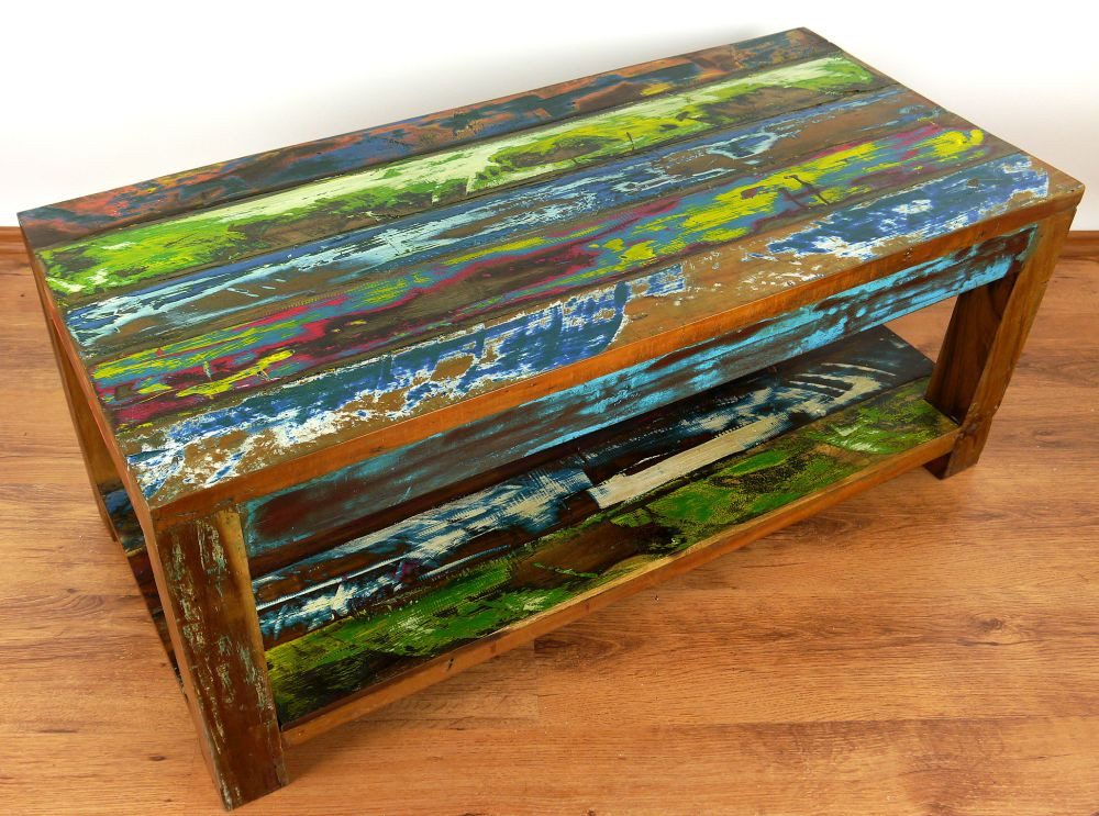 livasia Couchtisch mit Ablage - 100x50x45cm - recyceltes Bootsholz, Shabby Chic, handgefertigt