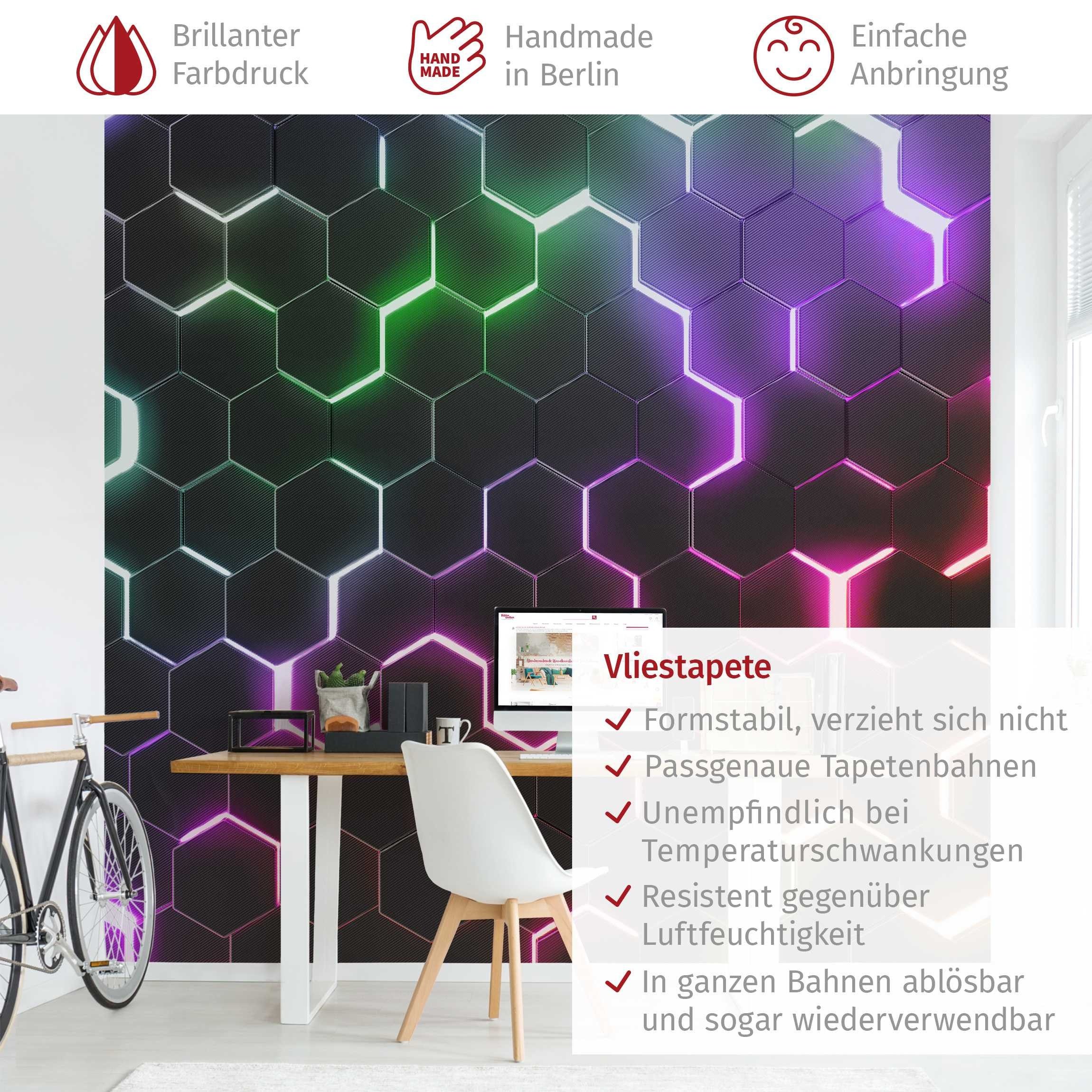 Bilderdepot24 Fototapete Gamer Hexagone Neonlicht Wanddeko Modern Kunst 3D-Effekt, Glatt, Matt, (Vliestapete inkl. Kleister oder selbstklebend), Jugendzimmer Gaming Zimmer Tapete Wohnzimmer Vliestapete Wandtapete