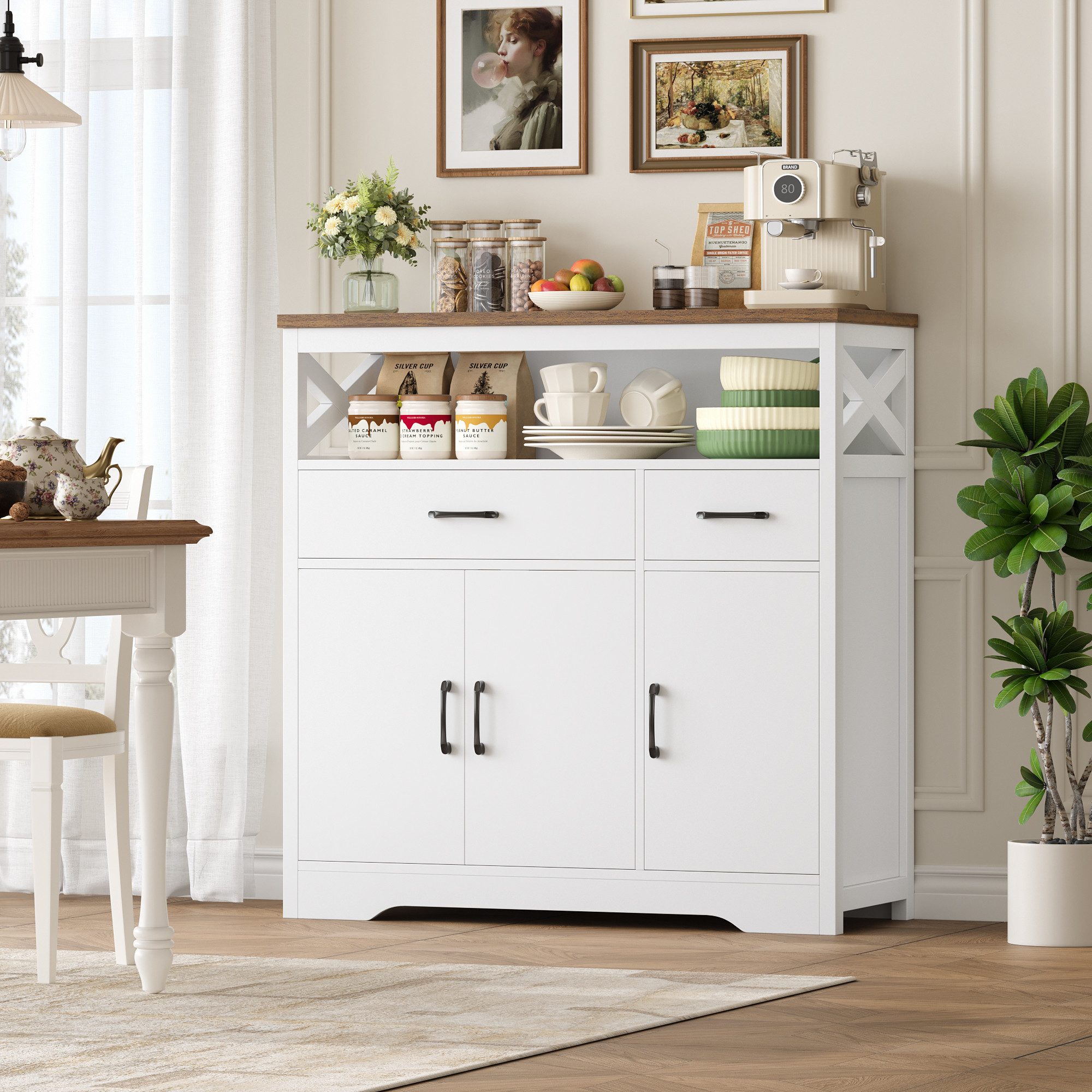 HOMECHO Sideboard, Küchenschrank mit Arbeitsplatte, 2 Schubladen und 3 Türen