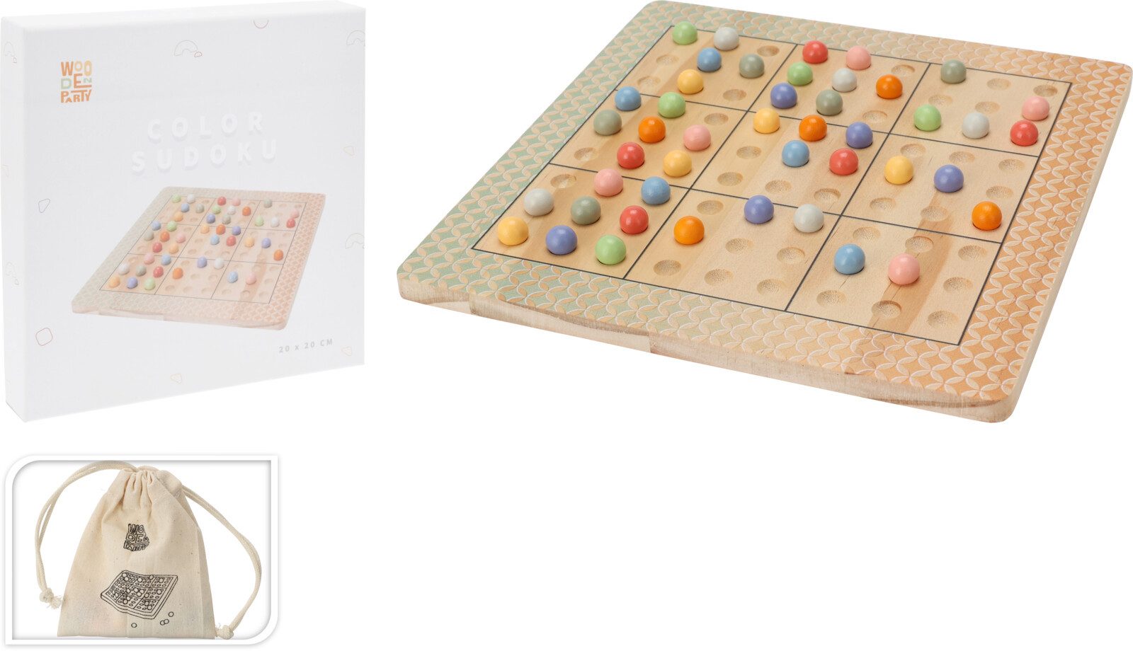 Koopman Spiel Sudoku Brettspiel Denkspiel Klassiker Holzspiel 20x20cm, 81 farbige Kugeln, 3 Schwierigkeiten, Inkl. Jutebeutel, 15 Karten