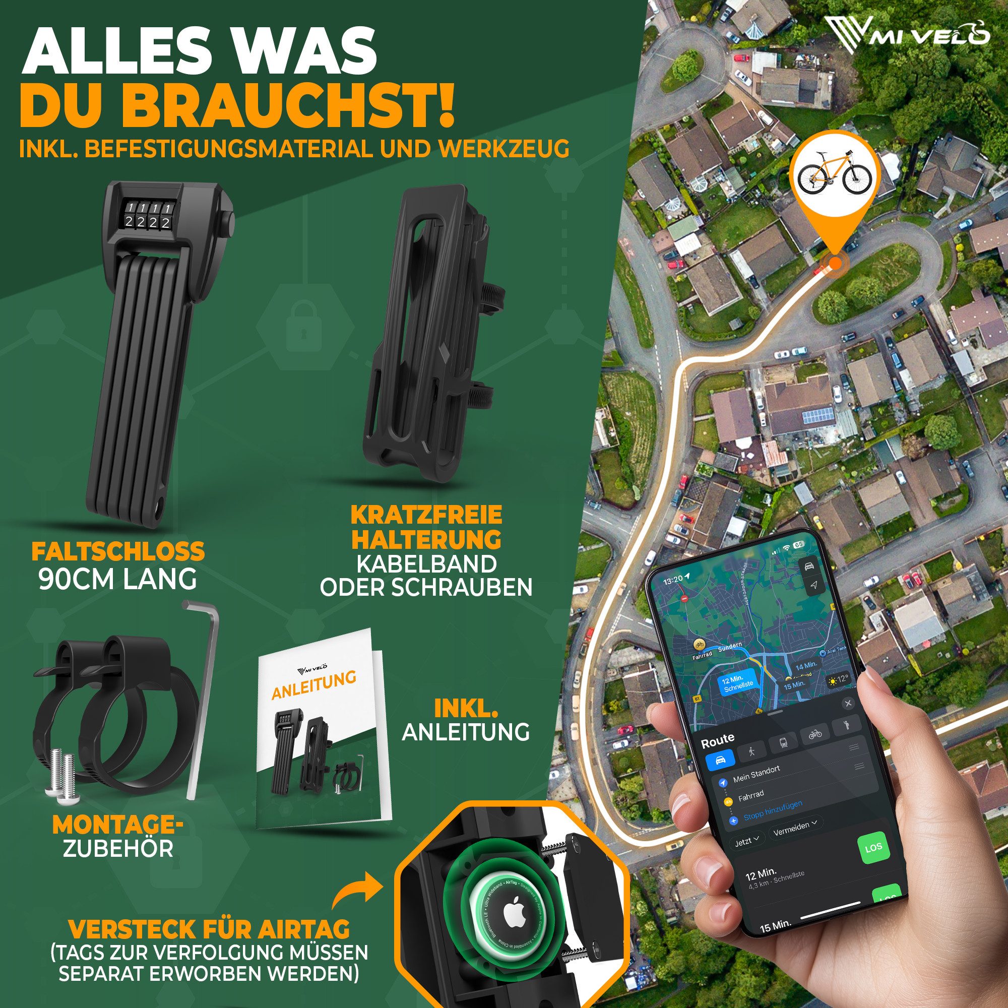MIVELO Faltschloss Fahrradschloss mit Fach für AirTag Fahrrad Schloss Zahlenkombination, AirTag kompatibel