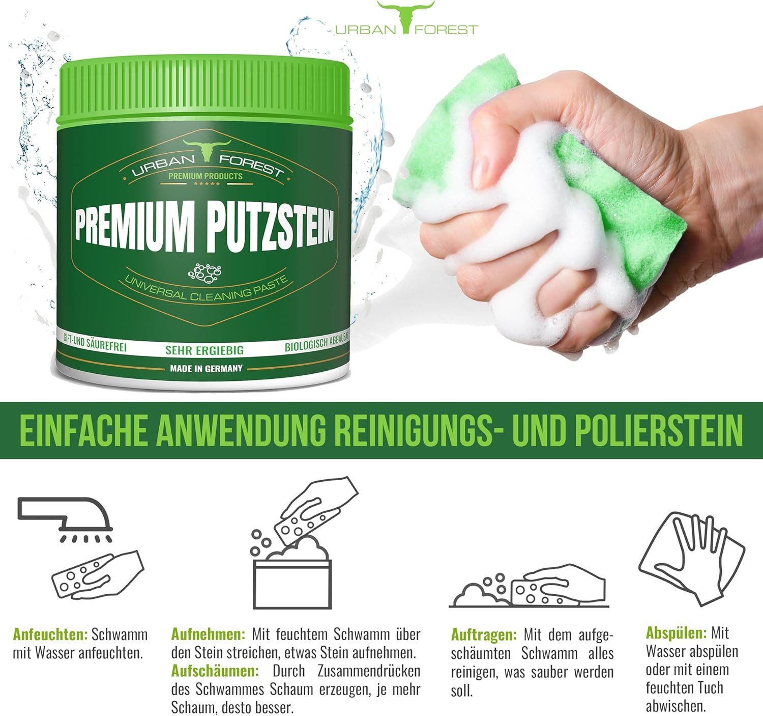 URBAN FOREST Premium Putzstein intensiv Universalreiniger 900g Made in DE Putzstein (1-St)