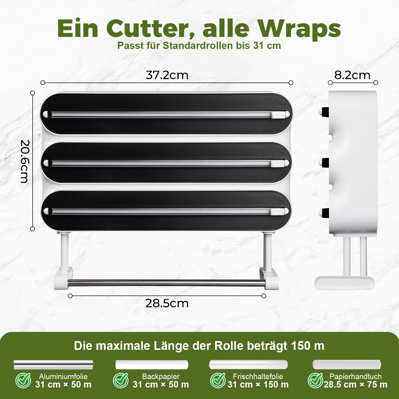 JOYOLEDER Küchenrollenhalter 4-in-1 Frischhaltefolienspender mit Küchenrollenhalter, (Platzsparender Wandrollenhalter, magnetisch & ohne Bohren), Folienschneider für Frischhaltefolie & Alufolie