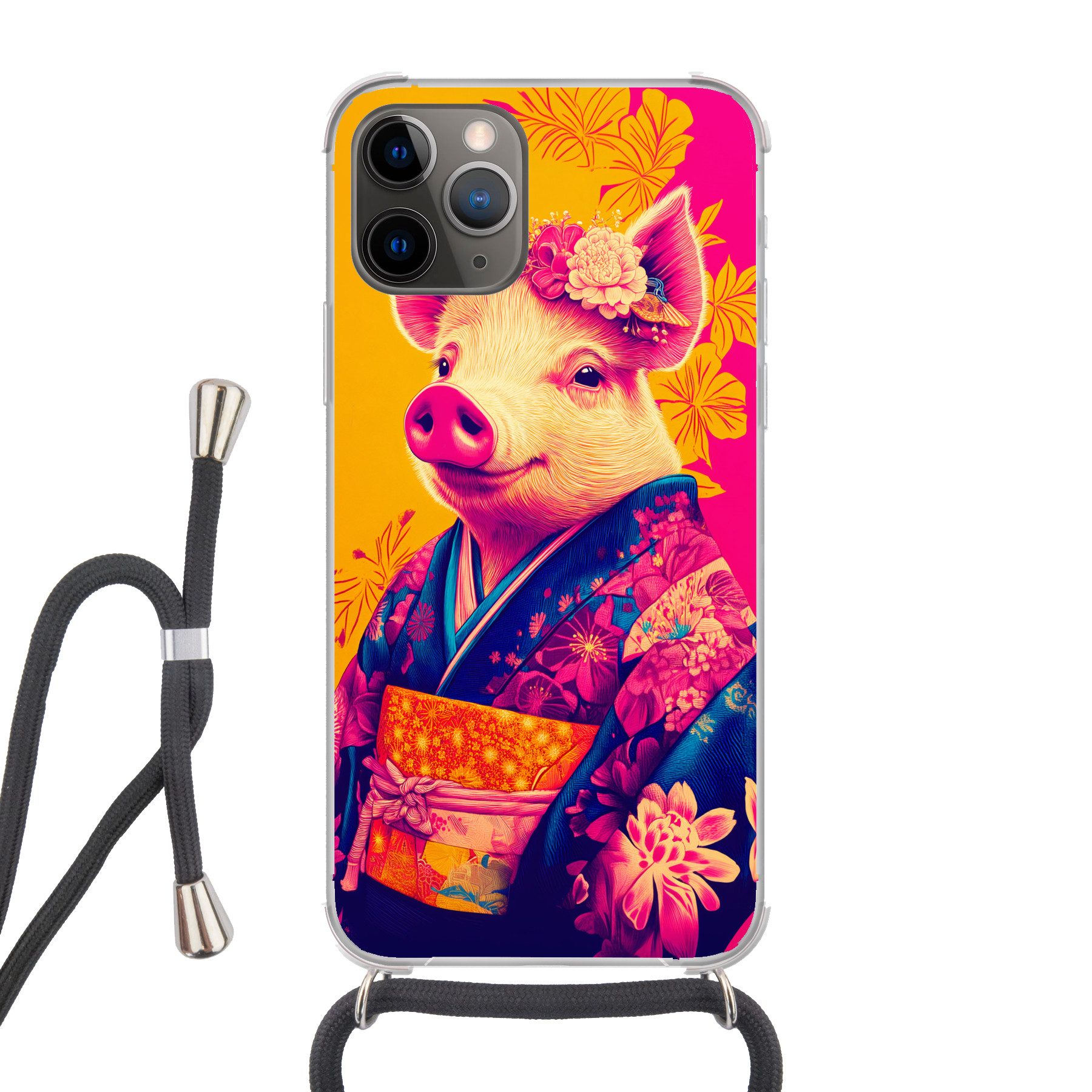 MuchoWow Handyhülle für Apple iPhone 13 Pro Max Schwein - Blumenkrone - Kimono - Abstrakt, Tragbare Handyhüllen mit Kette zum umhängen, Handykette Handyband