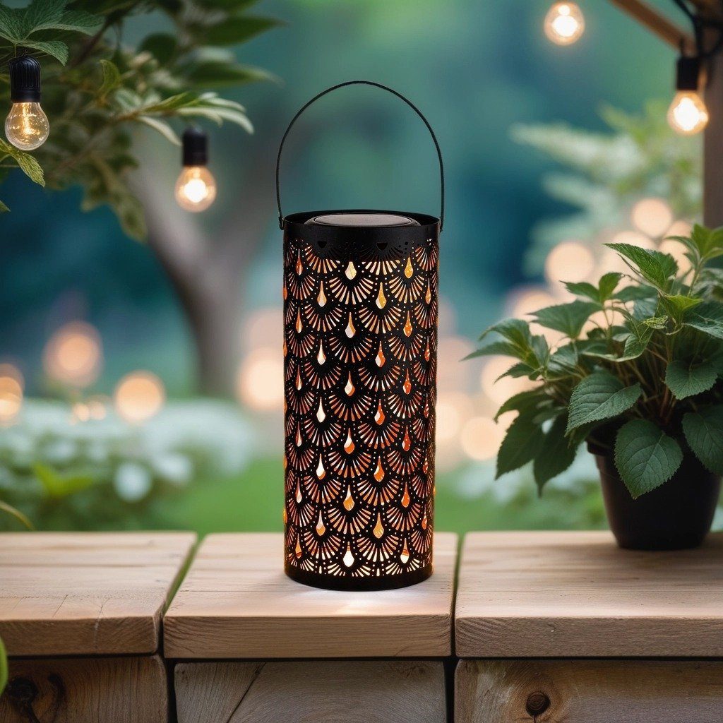 Marrakesch Orient & Mediterran Interior LED Solarleuchte Orientalische Solarlaterne Fava modern aus Metall in Schwarz 30 cm, LED fest integriert, Handarbeit