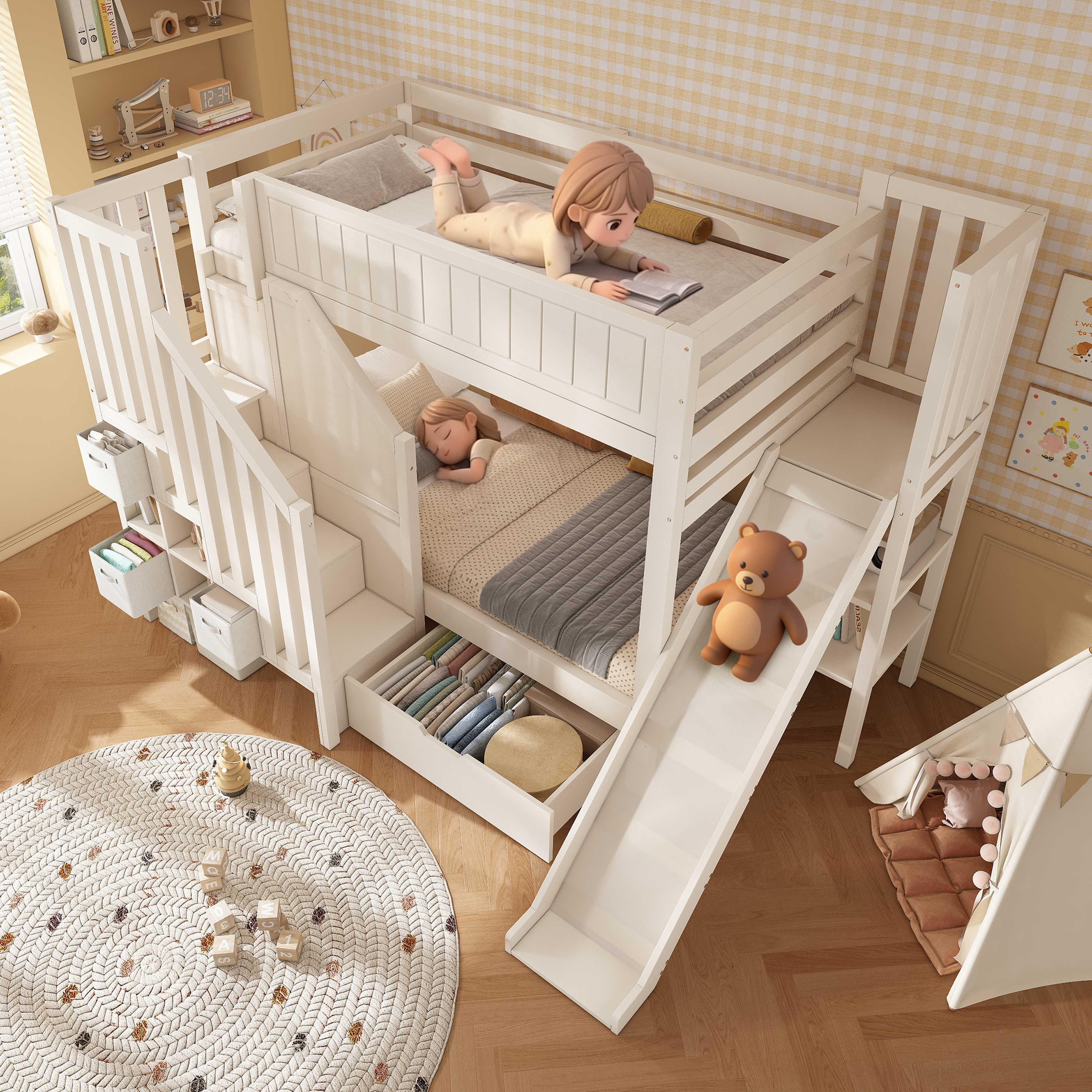 BlingBin Etagenbett Hochbett Doppelstockbett (1-St., Kinder Etagenbett 90x200 cm mit Rutsche und Schublade), Hochbett aus Holz in Weiß, Doppelstockbett mit Stauraum