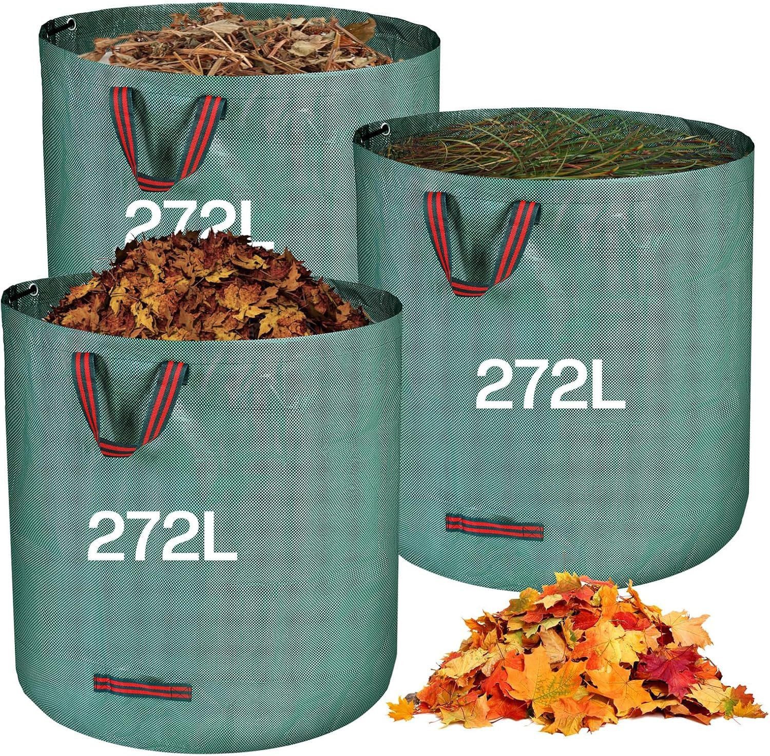 Refined Living Gartensack 3X 272L Gartenabfallsack mit Griffen, Laubsack wasserdicht & reißfest, für für Gartenabfälle, Laub, Grasschnitt oder als Aufbewahrungstasche für diverse Zwecke, 272 l, (Abfallsack mit Griffen, Grünschnittsack, Gartenarbeit Sack,