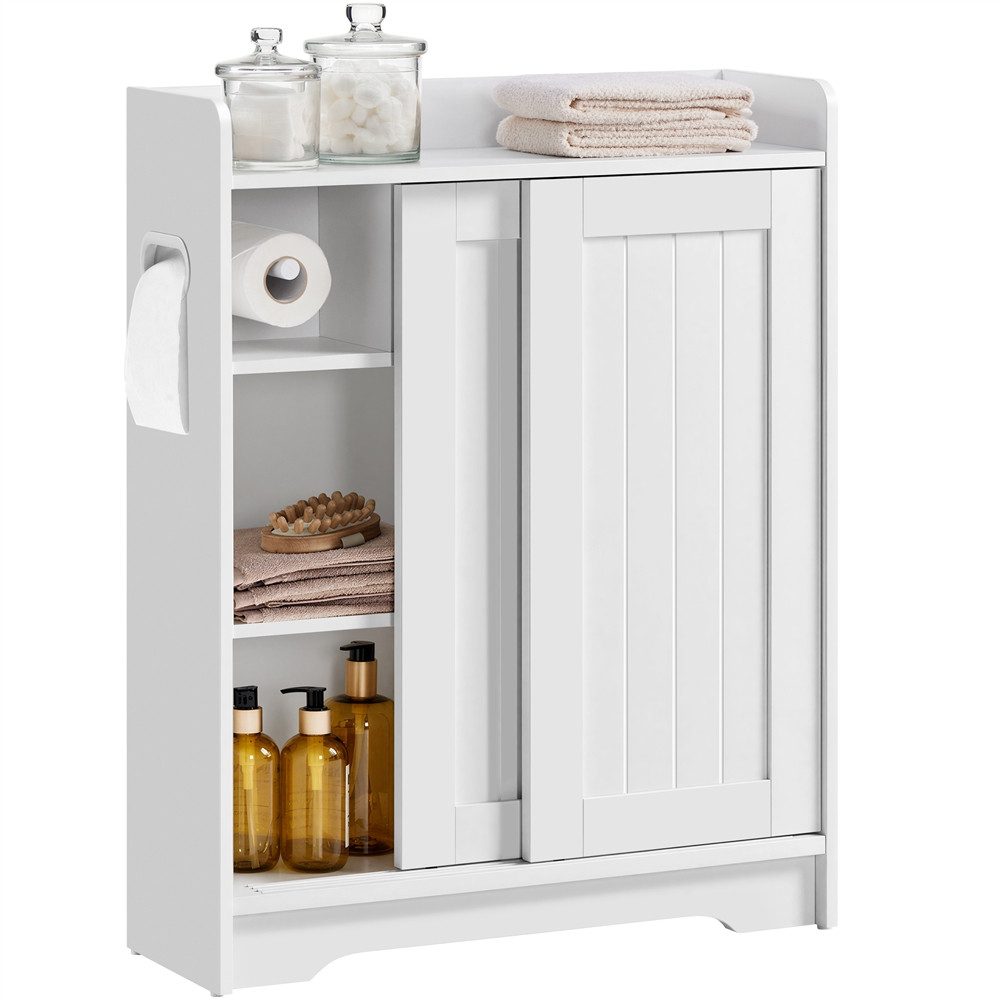 Yaheetech Badkommode Badezimmerschrank mit Toilettenpapierhalter & Schiebetüren, Schmaler Badschrank für Kleine Räume, 1 verstellbarer …