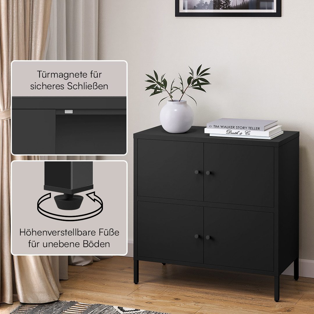 skølm Kommode Atriona aus Metall (Schwarz, 2 Fächer & 4 Türen), Metallschrank 81 x 80 x 38 cm, auch verfügbar mit 3 Fächern
