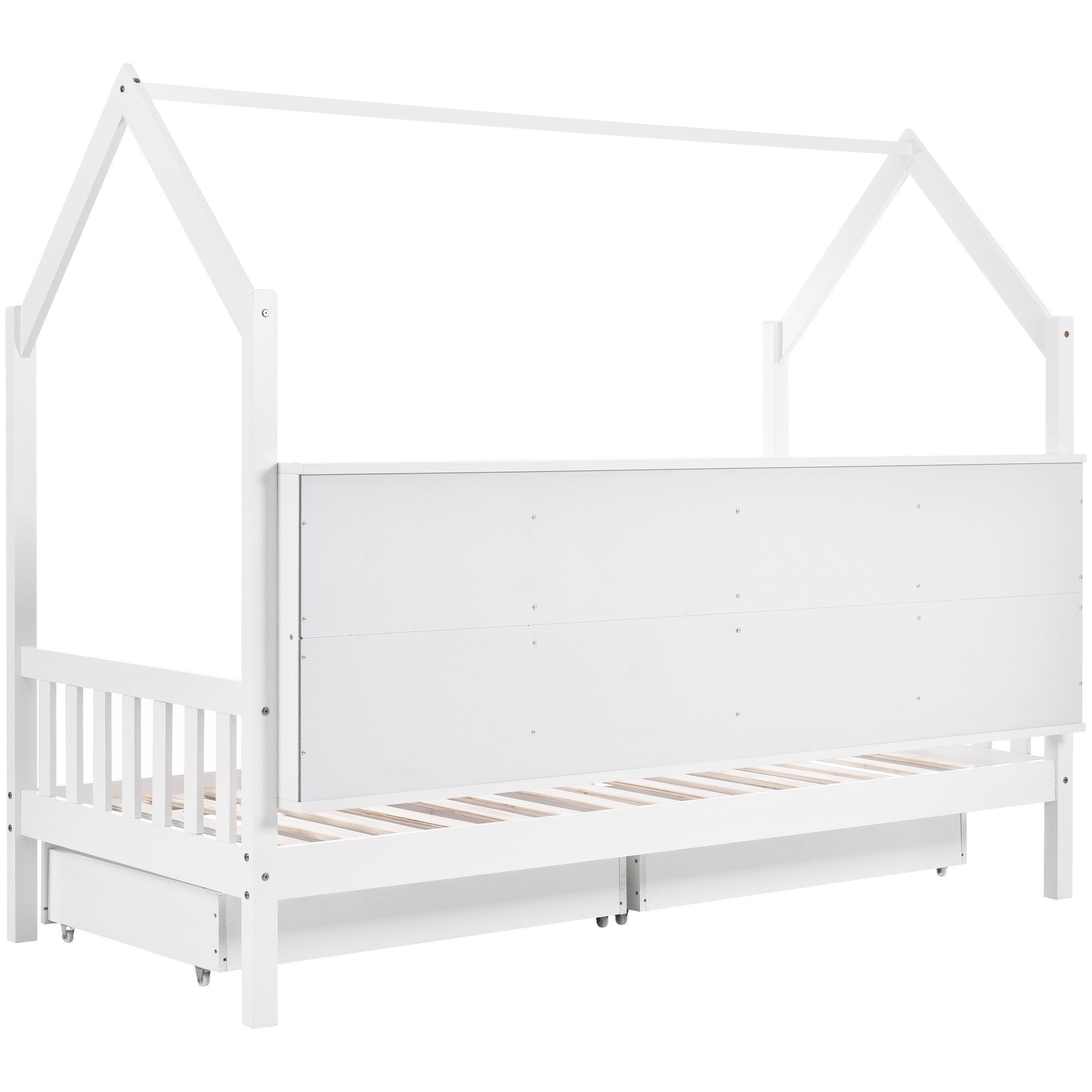 Kinderbett (Hausbett 90x200 cm), mit Bücherregal, zwei Schubladen, Rausfallschutz & Lattenrost, Kiefer