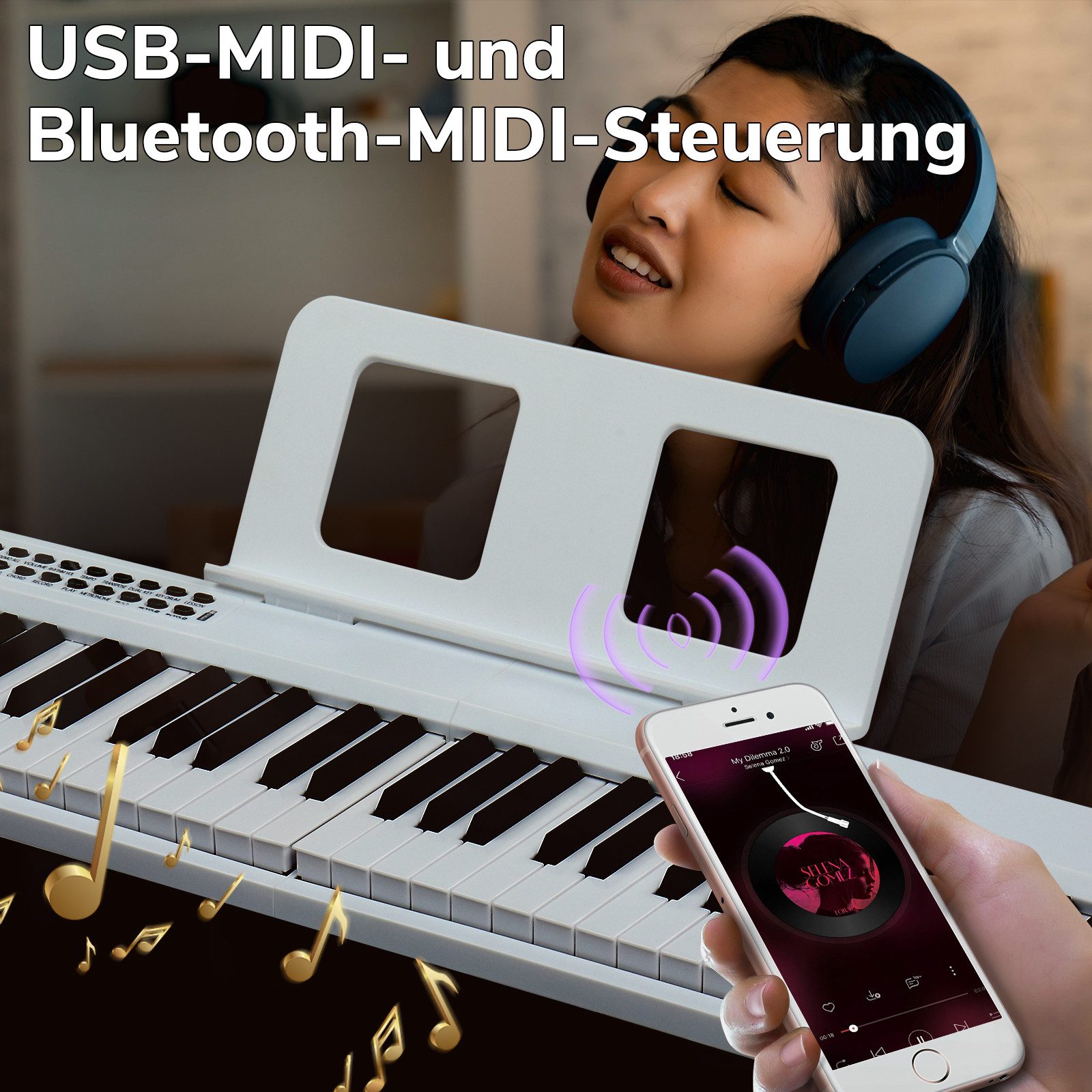 LALAHO Digitalpiano Klappbare E-Keyboard mit 88 Tasten, Klappklavier, Bluetooth und MIDI, tragbar, mit Kopfhörer, Lautsprecher – Bild 4 von 5