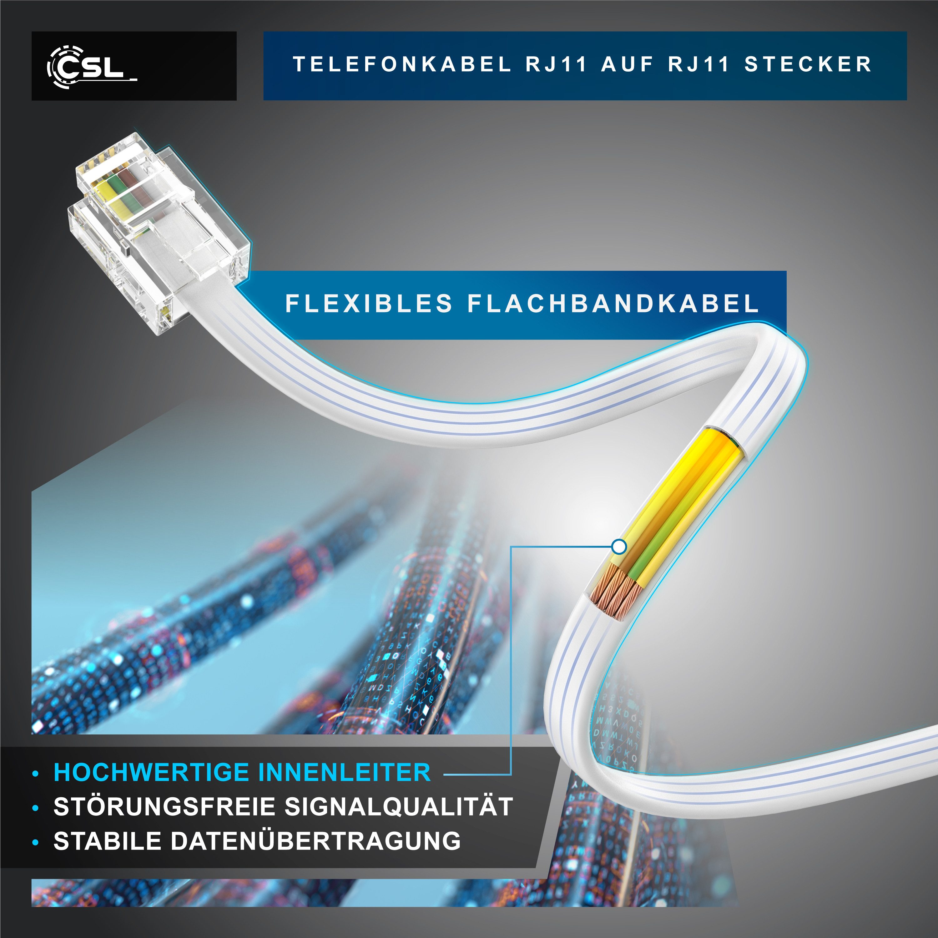 CSL Flachkabel RJ11 zu RJ 11, Router zu Telefon Fax Anrufbeantworter 1 m Telefonkabel, RJ-11, RJ-11 (100 cm), Modularkabel, Telefonanschlusskabel, Modem, DSL, V – Bild 4 von 5