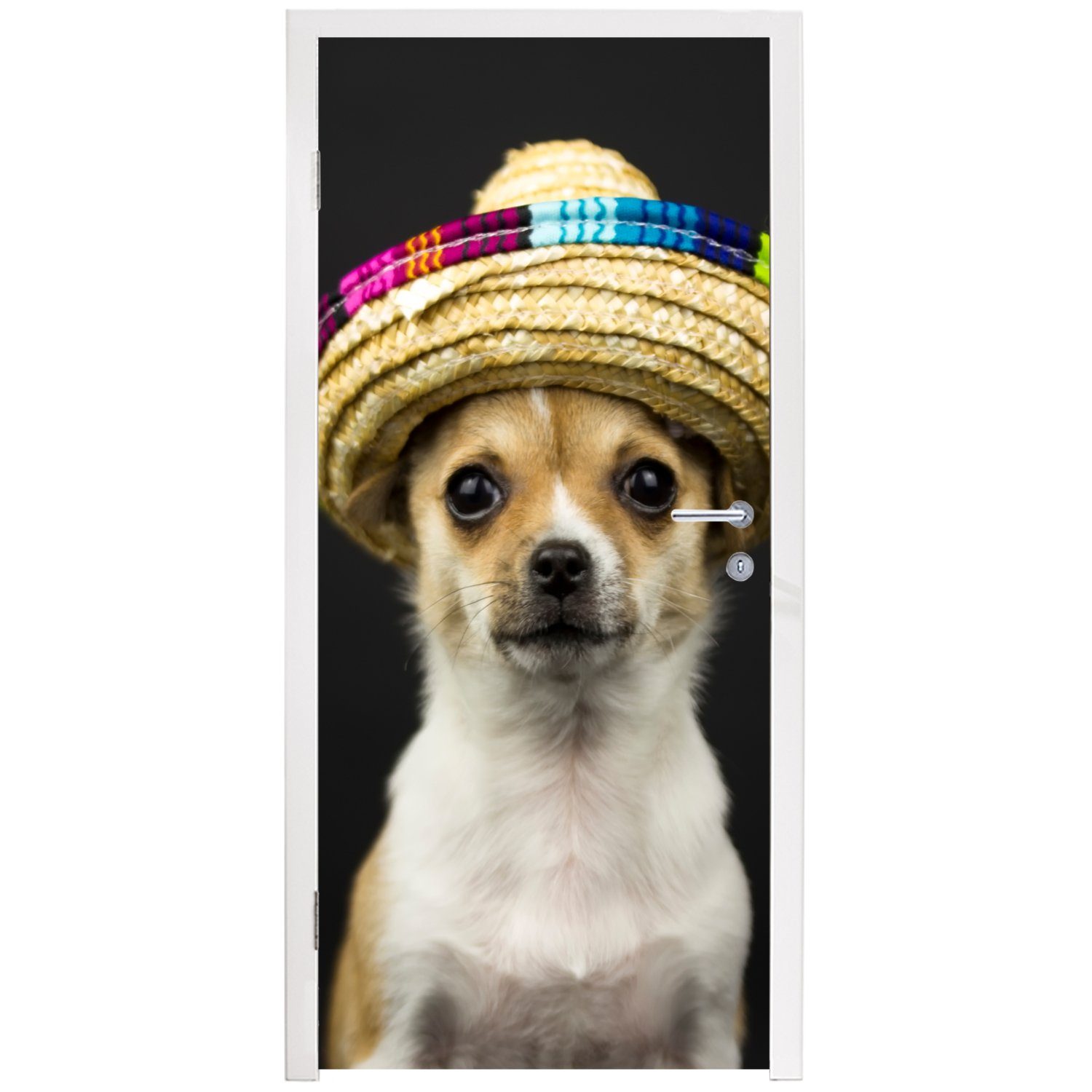 MuchoWow Türtapete Hund - für Fototapete Sombrero bedruckt, cm - 75x205 Türaufkleber, Schwarz, Tür, St), Matt, (1