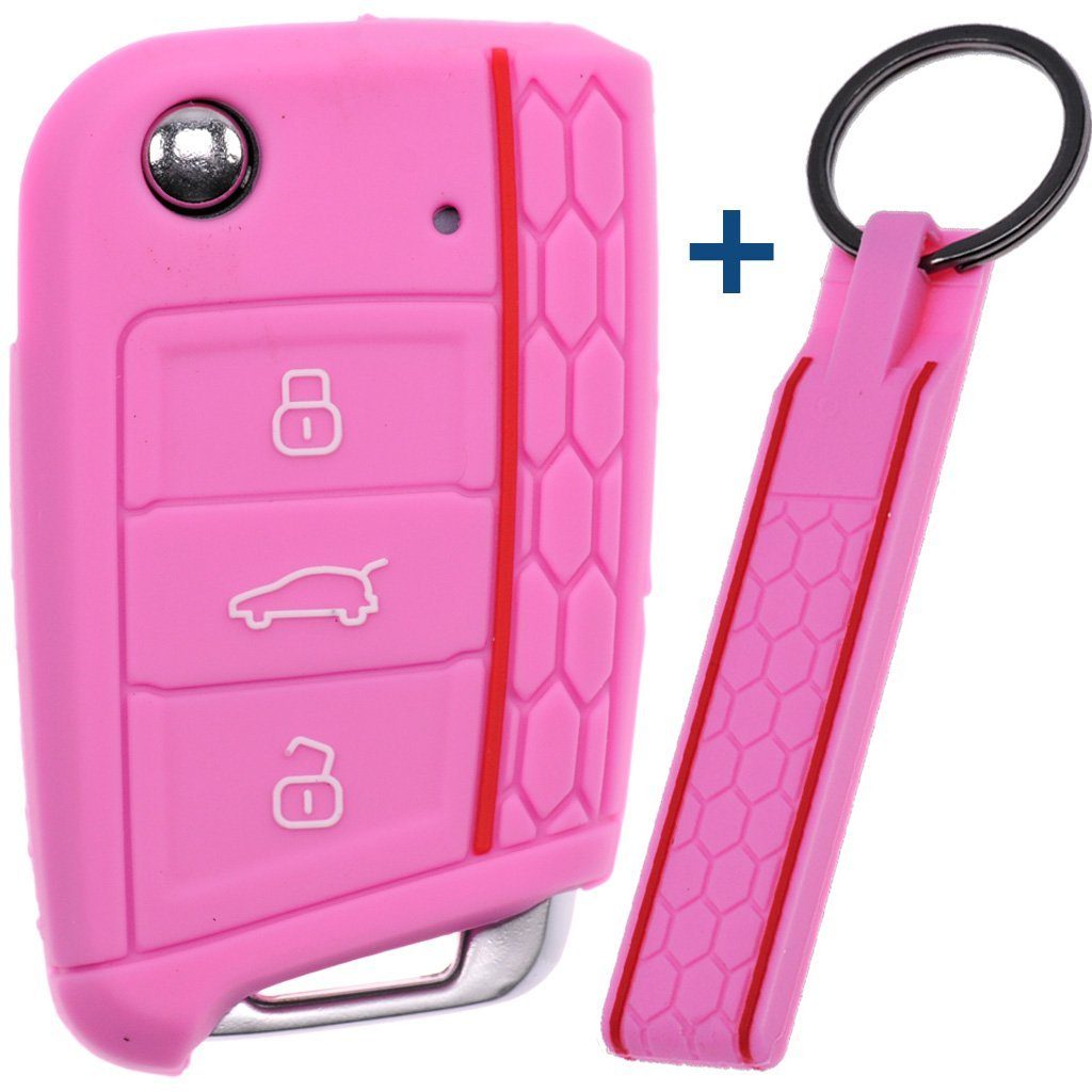 mt-key Schlüsseltasche Autoschlüssel Silikon Schutzhülle mit passendem Schlüsselband, für Golf 7 Polo 6C Seat Ateca Arona Leon Skoda Octavia Superb Kodiaq Rosa | Schlüsseltaschen